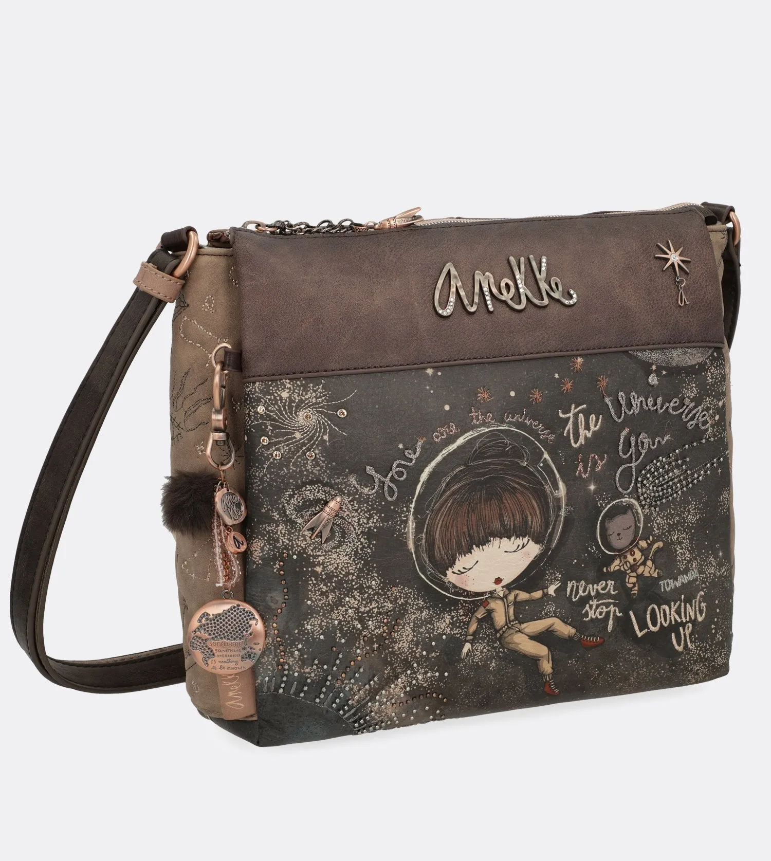 Elegant universe crossbody bag with a printed design