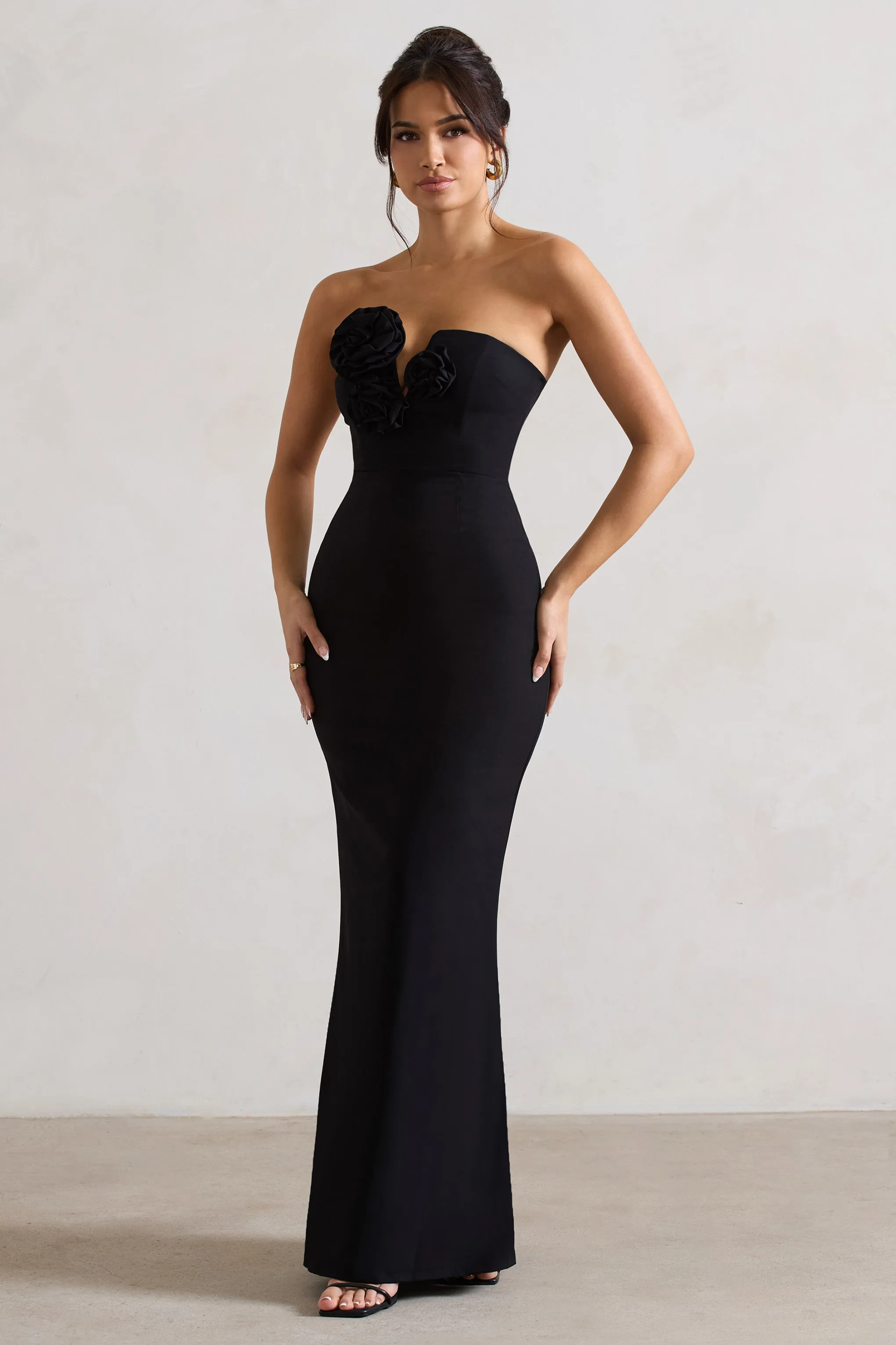 Enticed | Black Strapless V-Neck Maxi Dress With Flowers