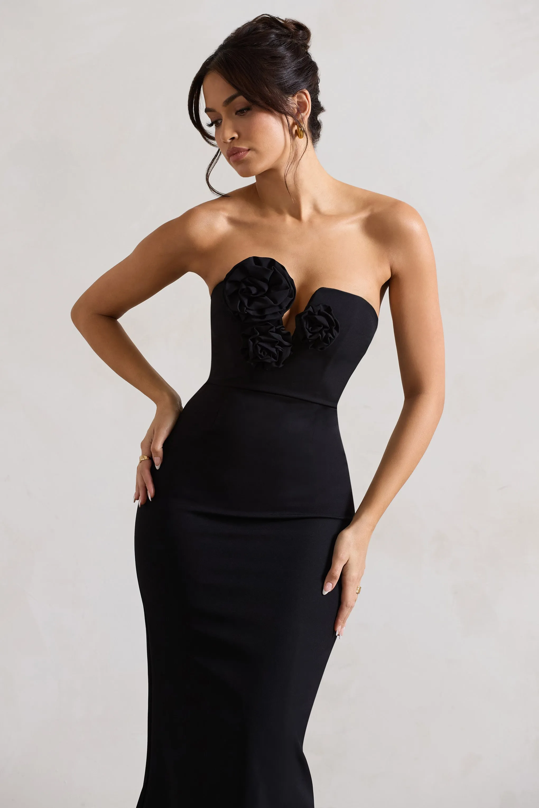 Enticed | Black Strapless V-Neck Maxi Dress With Flowers