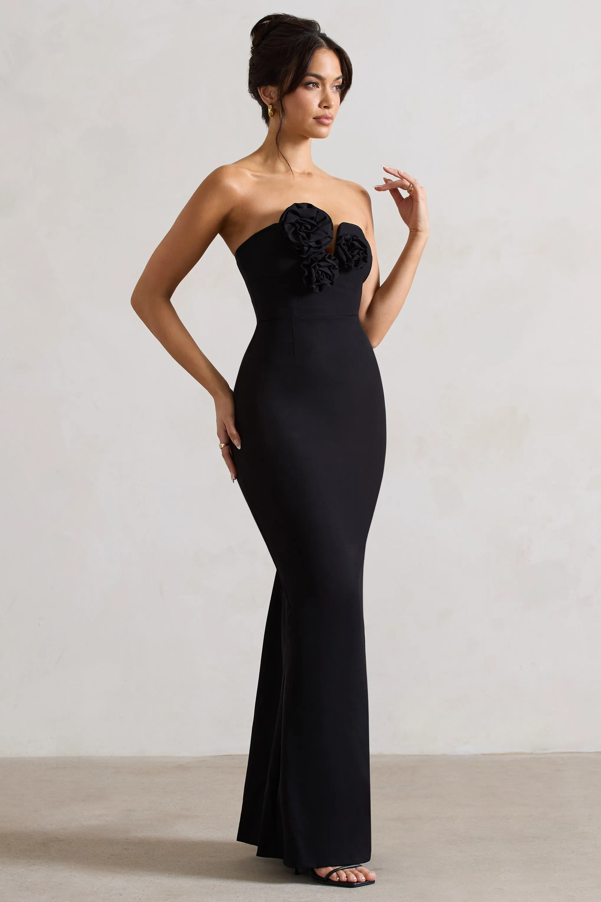 Enticed | Black Strapless V-Neck Maxi Dress With Flowers