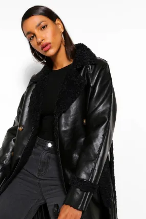 Faux Leather Teddy Trim Trench Coat