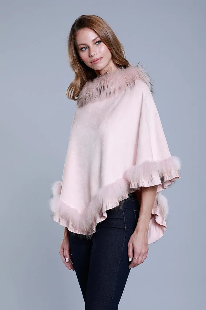 Faux Suede Poncho with Raccoon Fur Trim