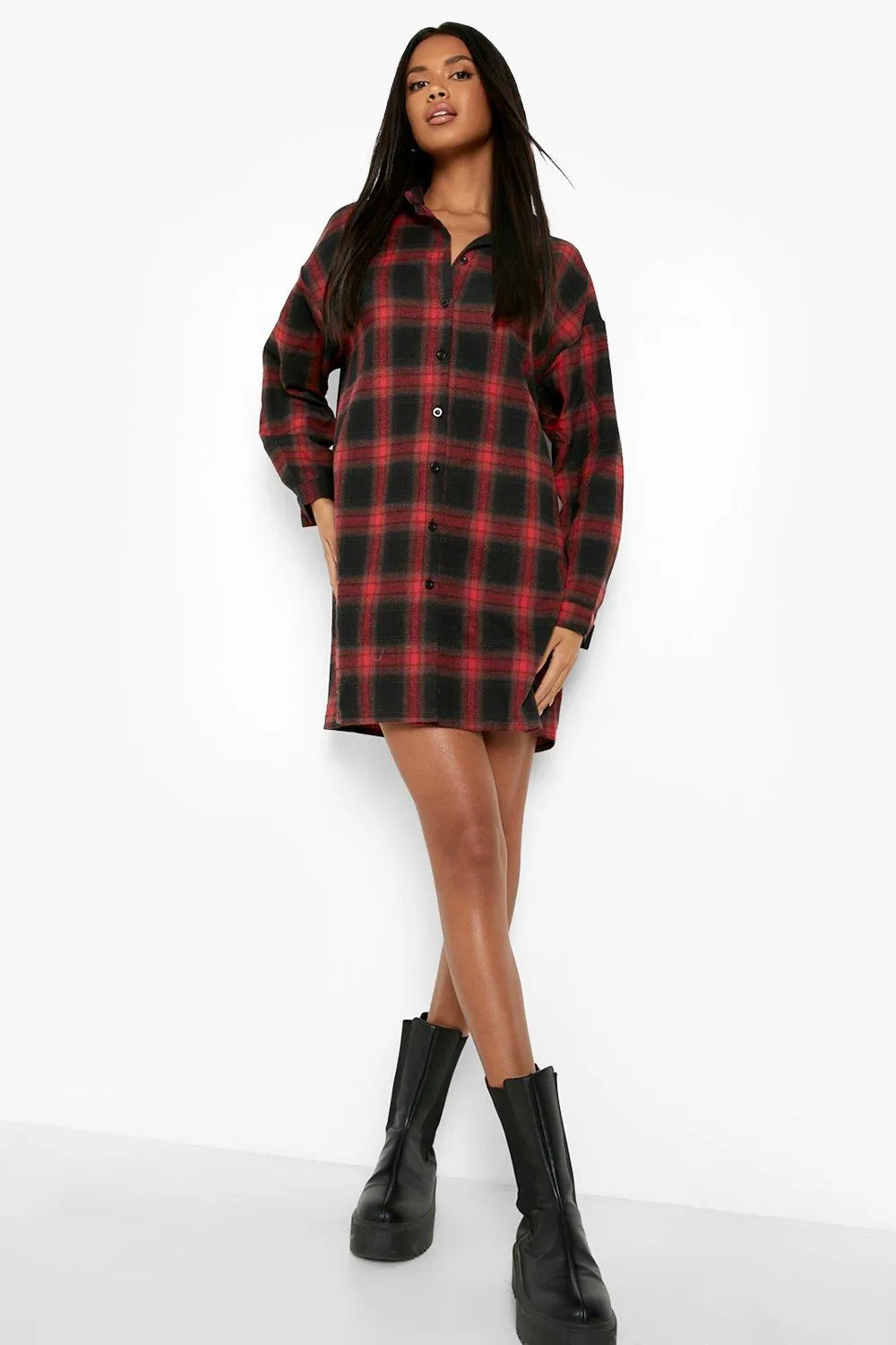 Flannel Shirt With Turtleneck Mini Dress