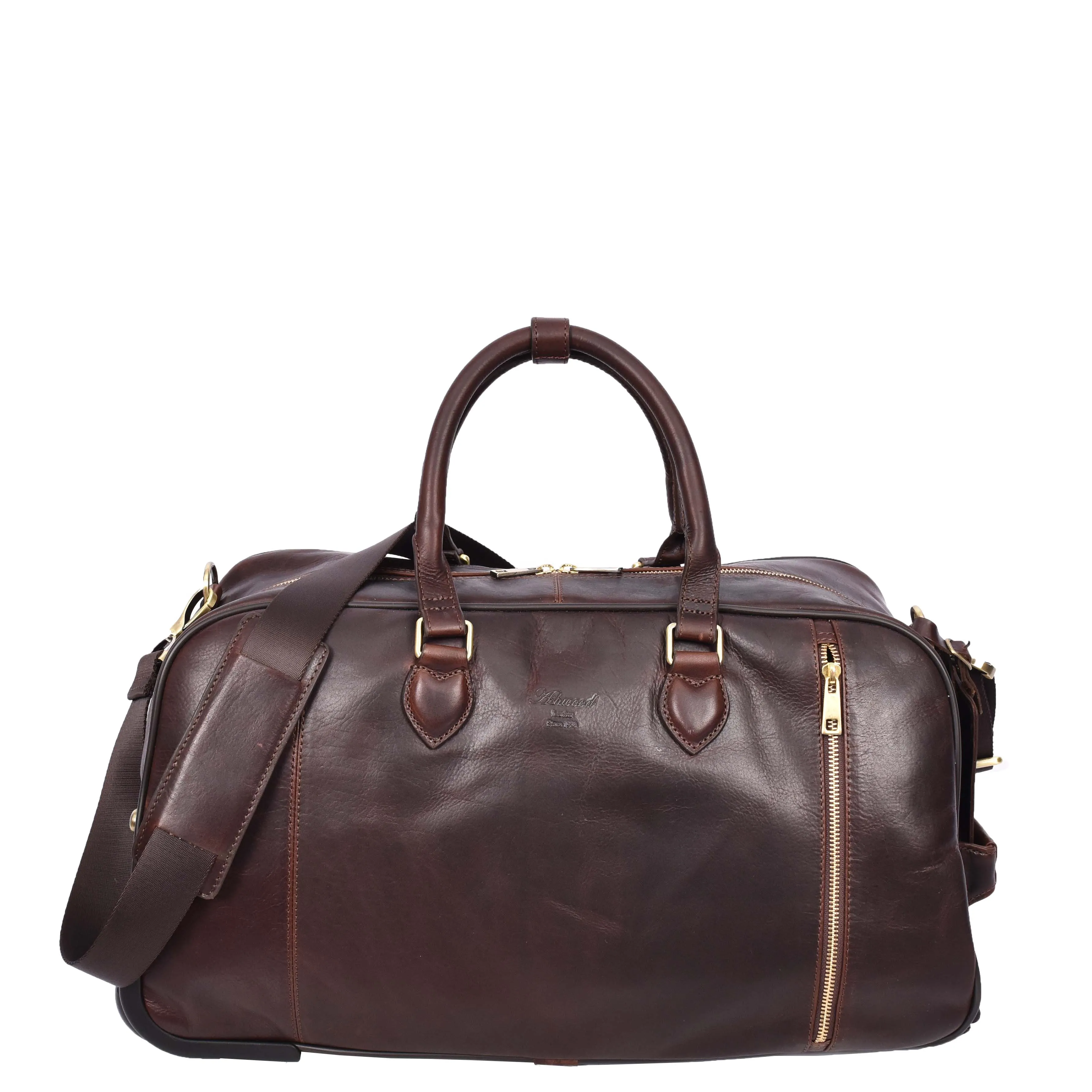 Genuine Leather Wheeled Holdall Duffel Weekend Overnight Bag Whitby Brown