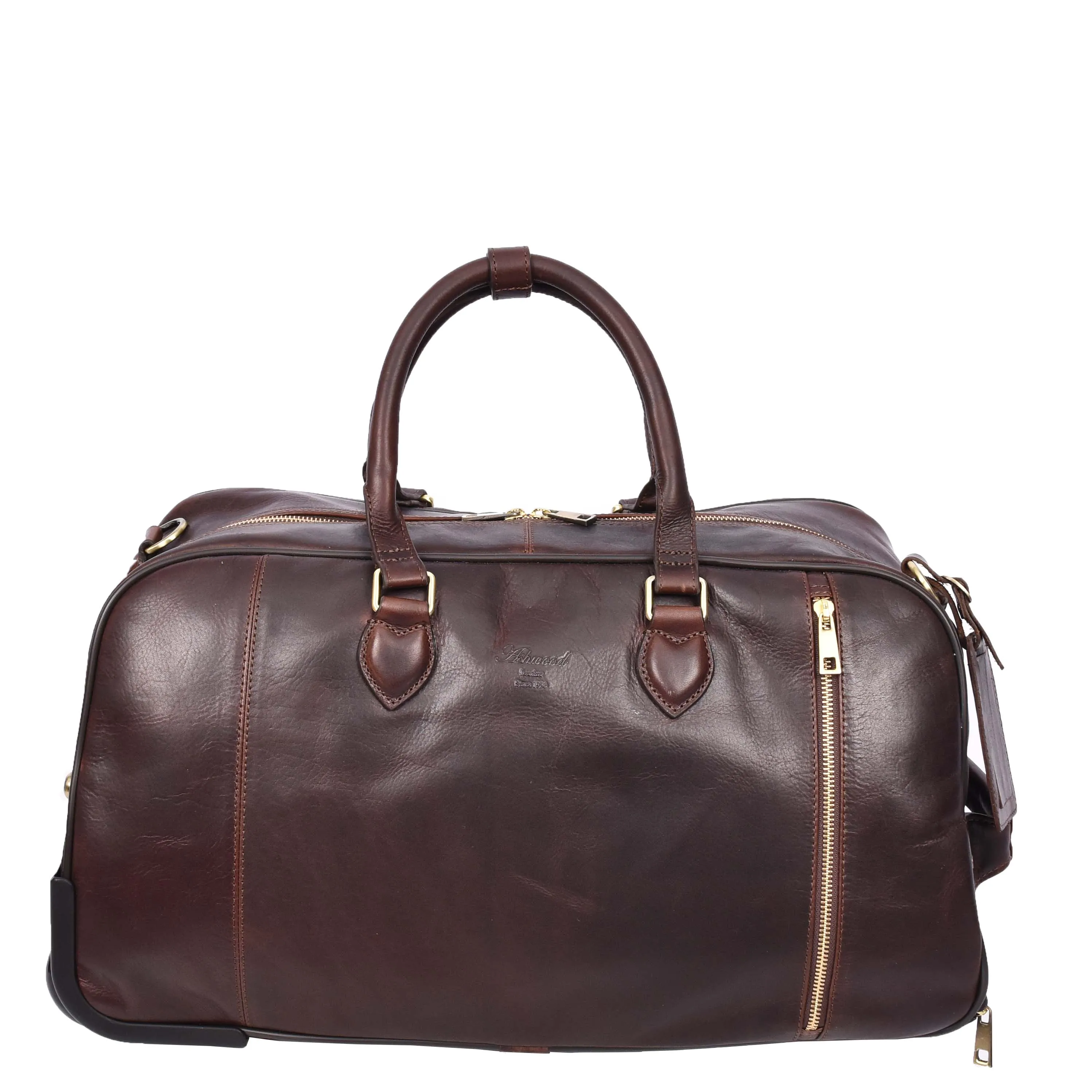 Genuine Leather Wheeled Holdall Duffel Weekend Overnight Bag Whitby Brown