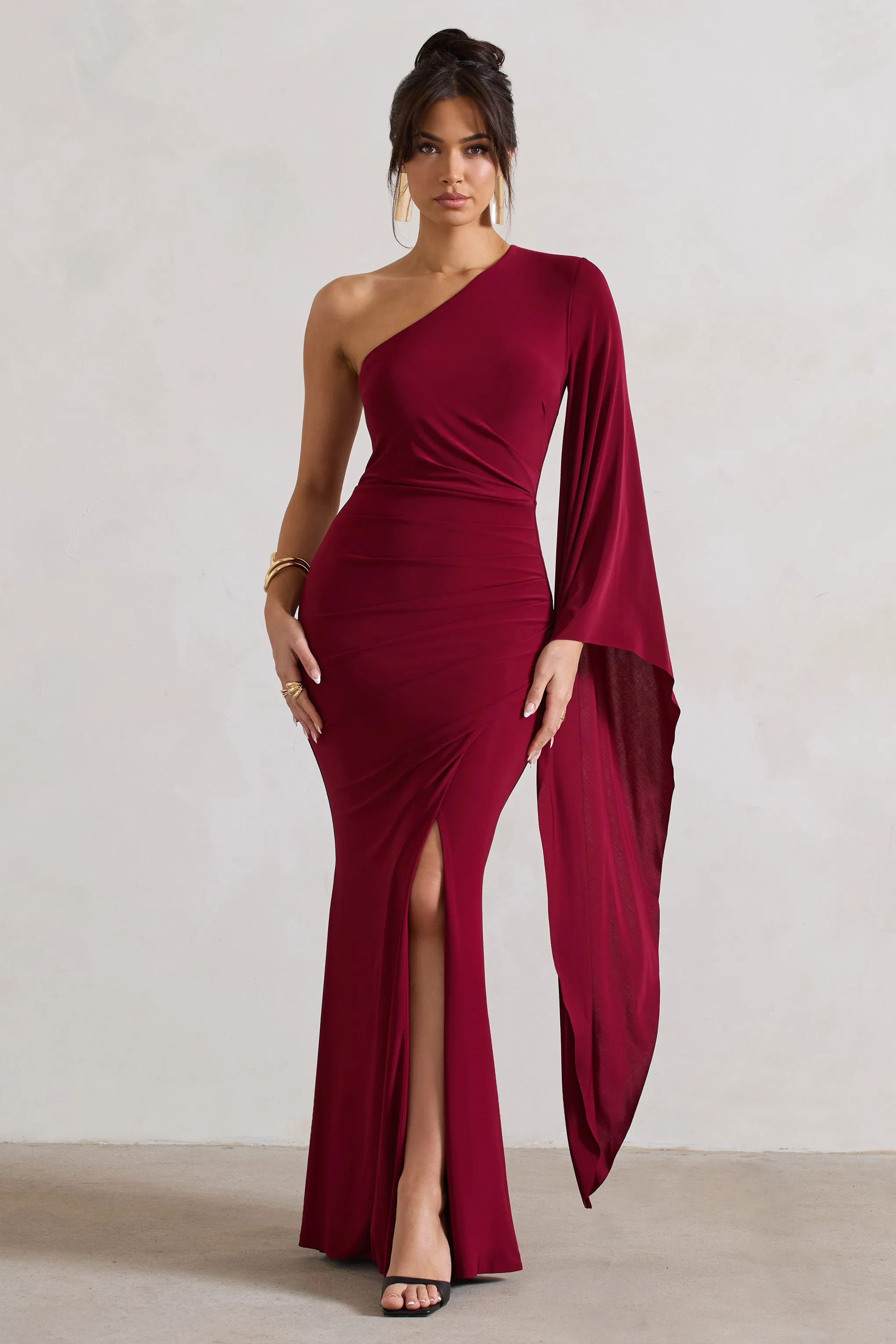 Giada | Berry Ruched One Shoulder Cape Sleeve Maxi Dress