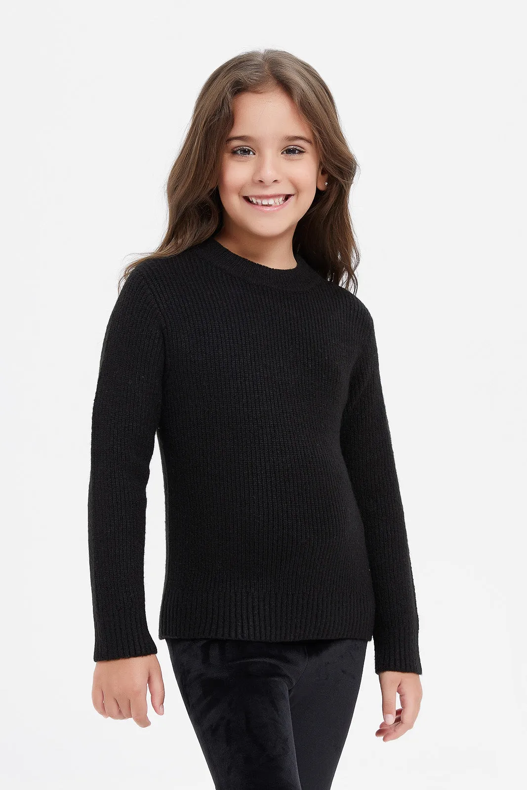 Girls Black Crew Neck Pullover