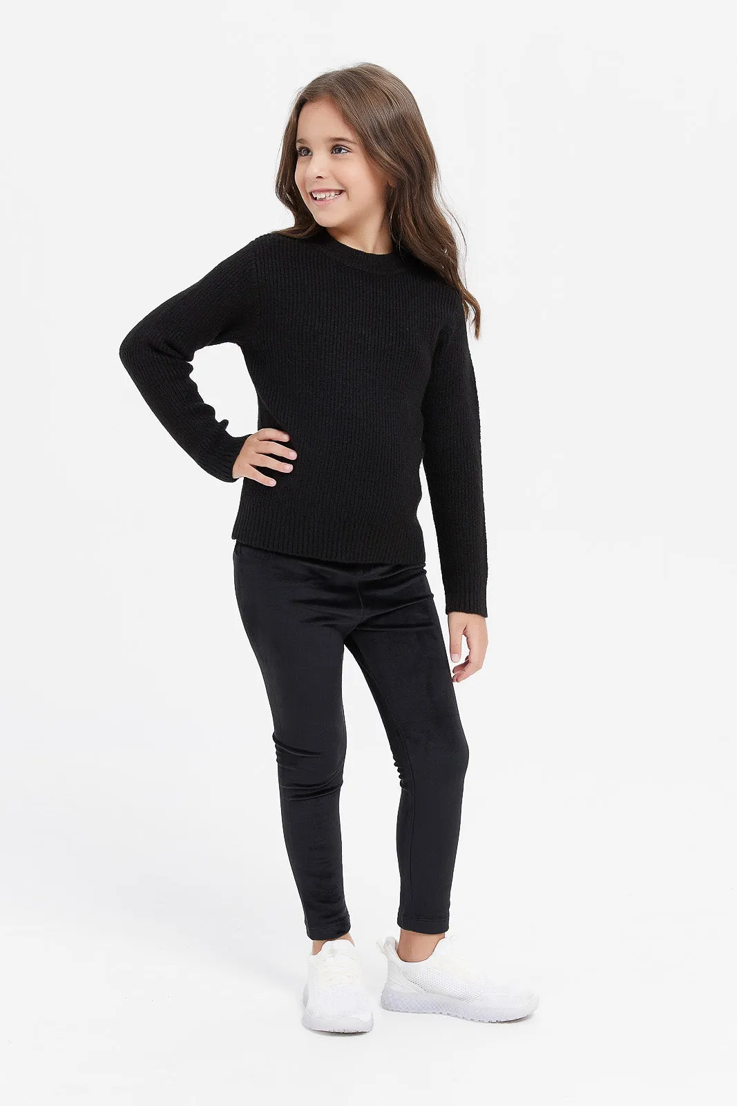 Girls Black Crew Neck Pullover