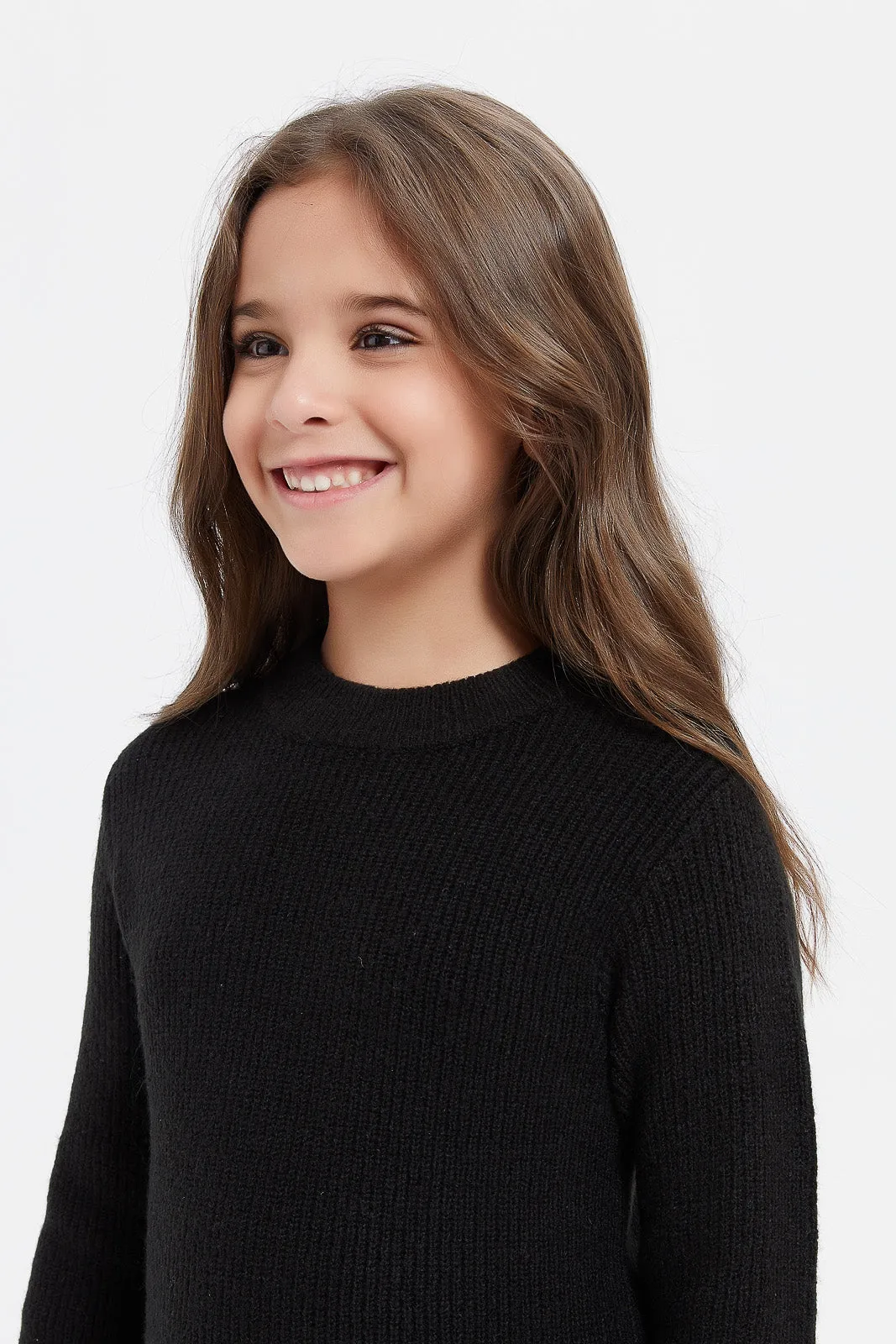 Girls Black Crew Neck Pullover