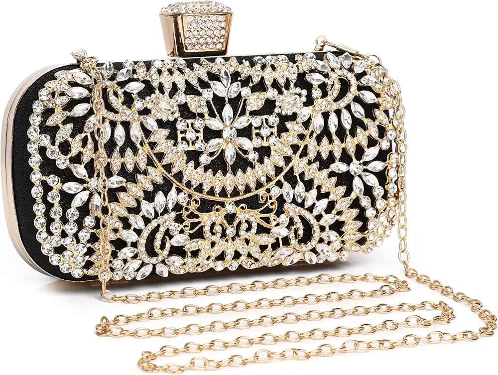 Goldtone & Black Multi Floral Crystal Encrusted Clutch - Don't AsK