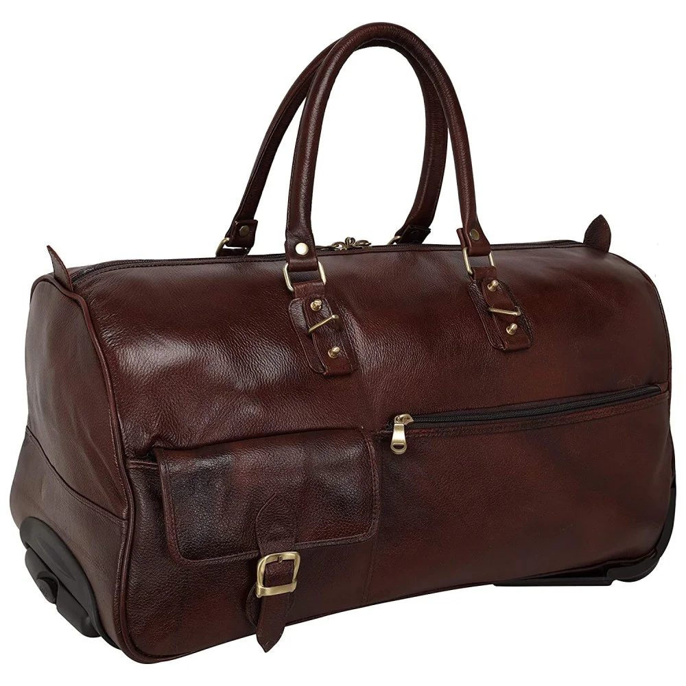 Hiller Leather Duffel Trolley Bag for Men & Women Cabin Size (Brown)