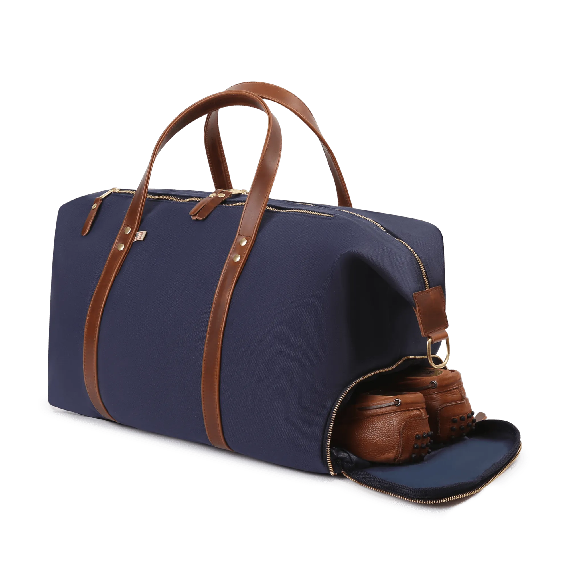 Hudson Sutler Large Canvas and Leather Duffel Bag- Midnight Navy/Whiskey Brown