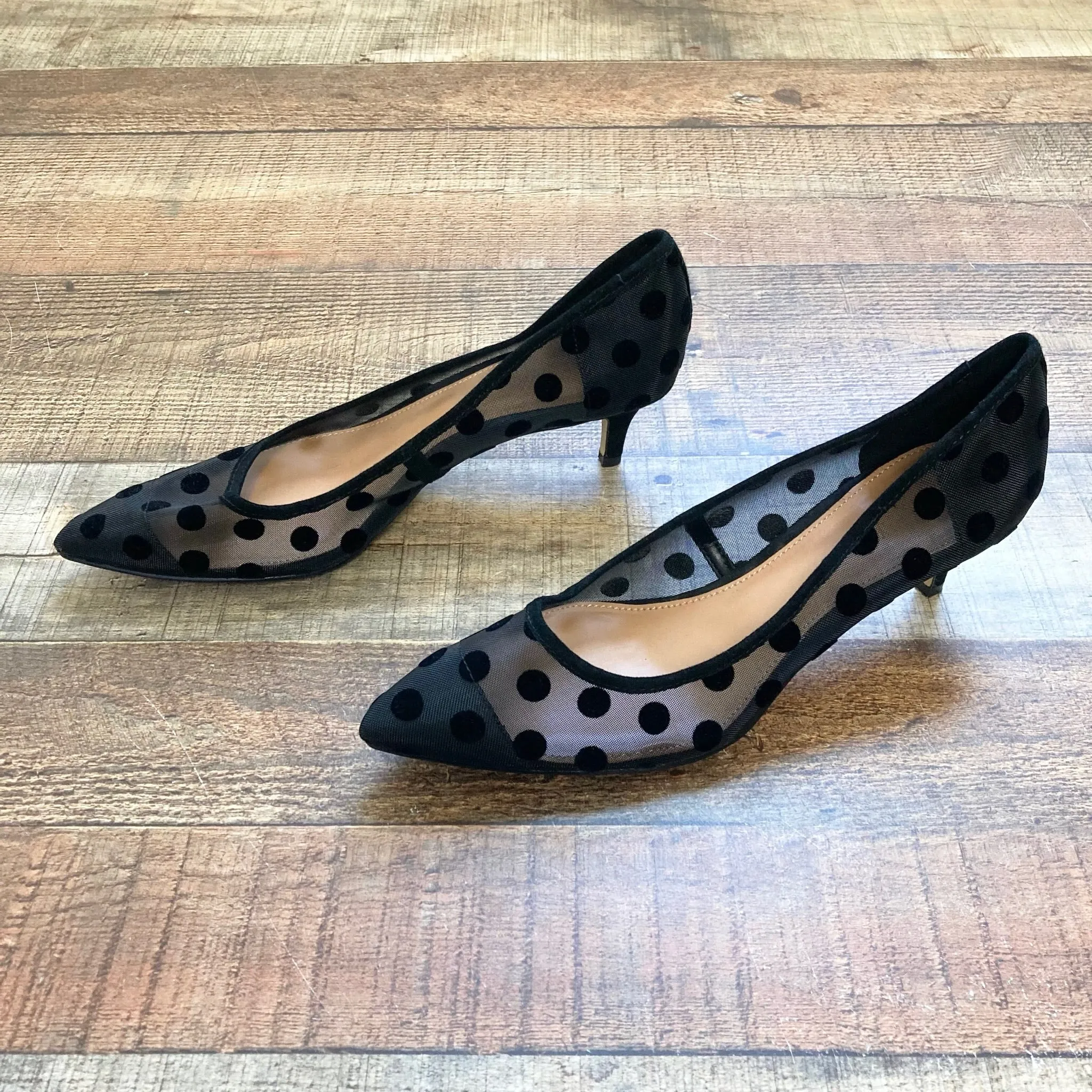 J Crew Black Mesh Polka Dot Low Stilettos- Size 9