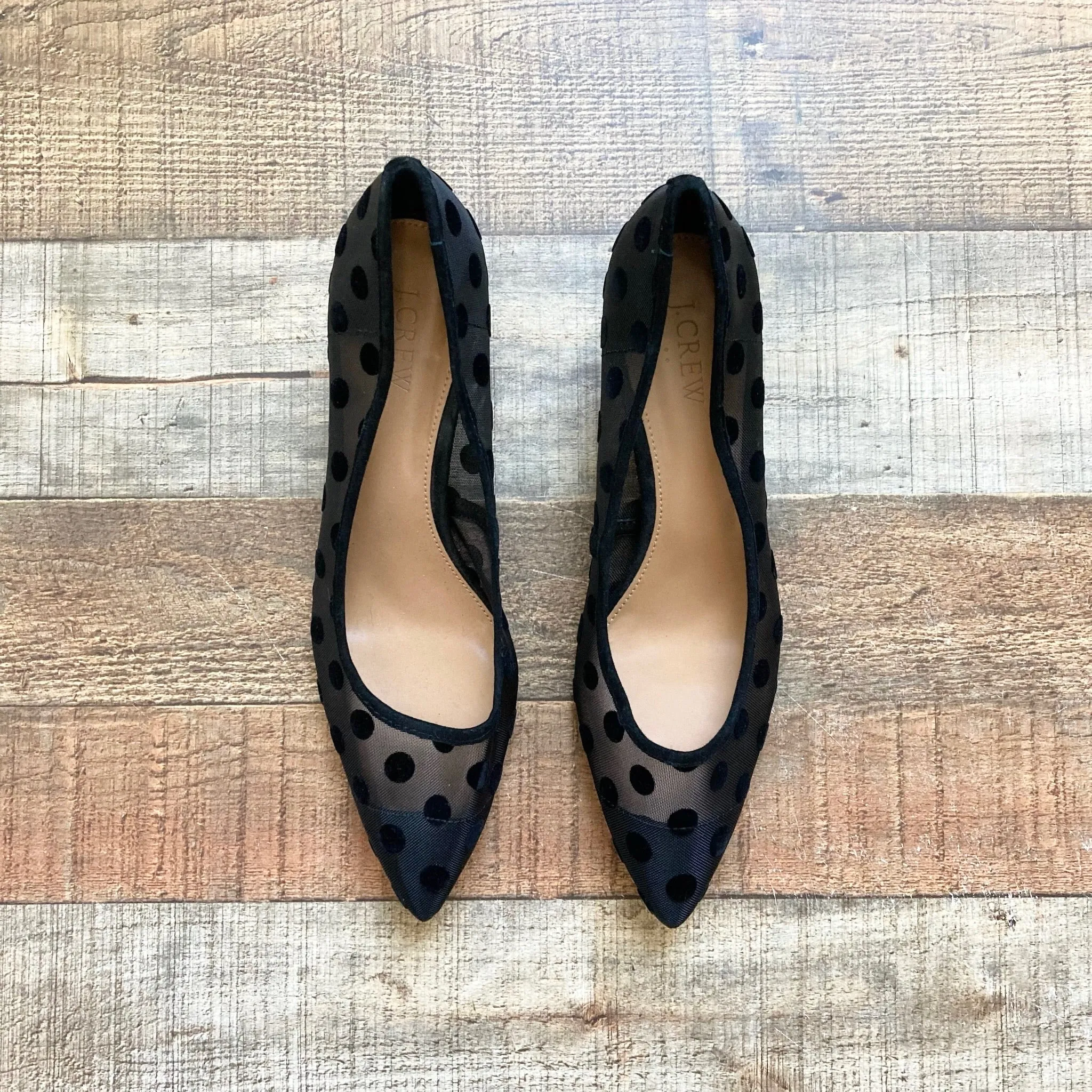 J Crew Black Mesh Polka Dot Low Stilettos- Size 9