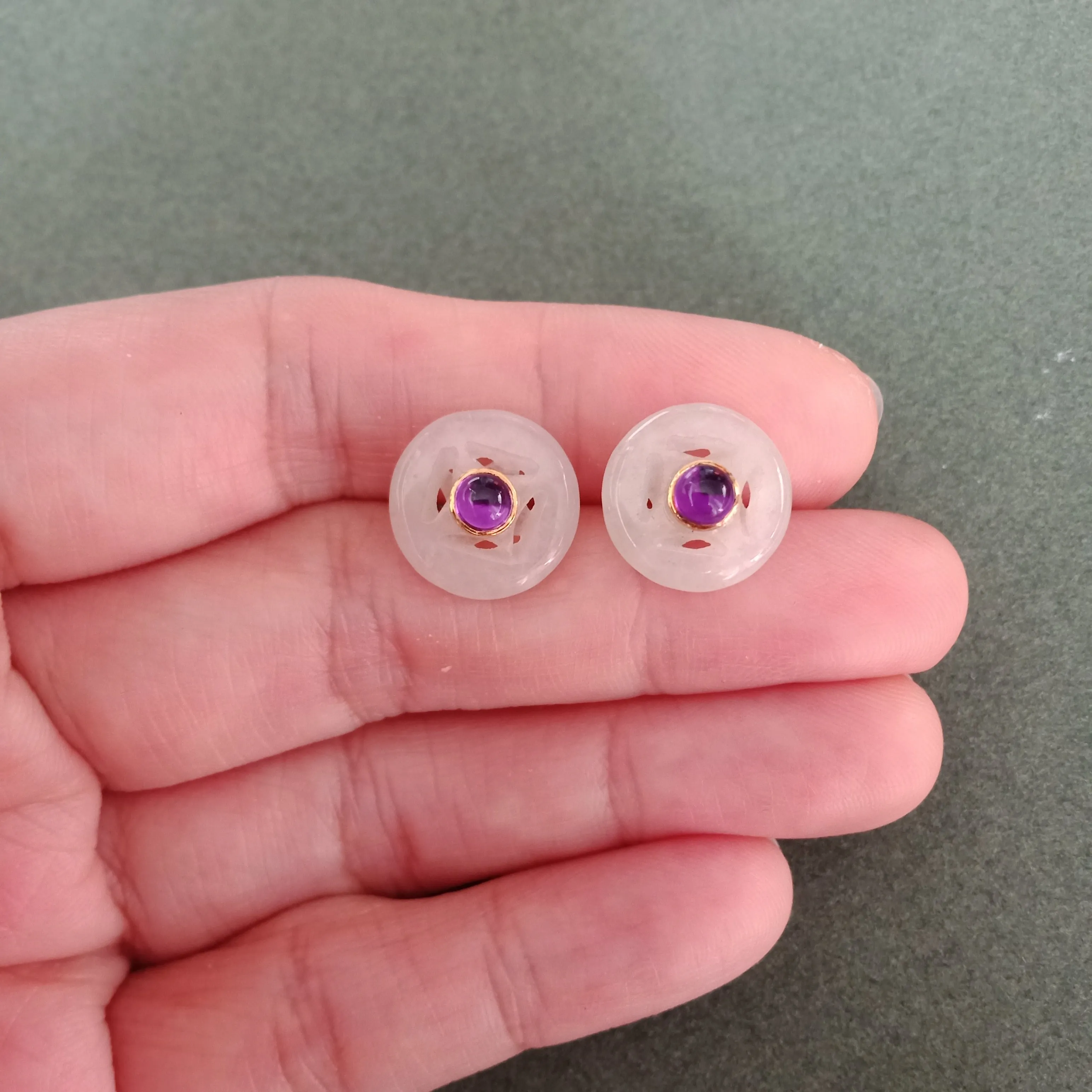 Jade coin amethyst stud earrings