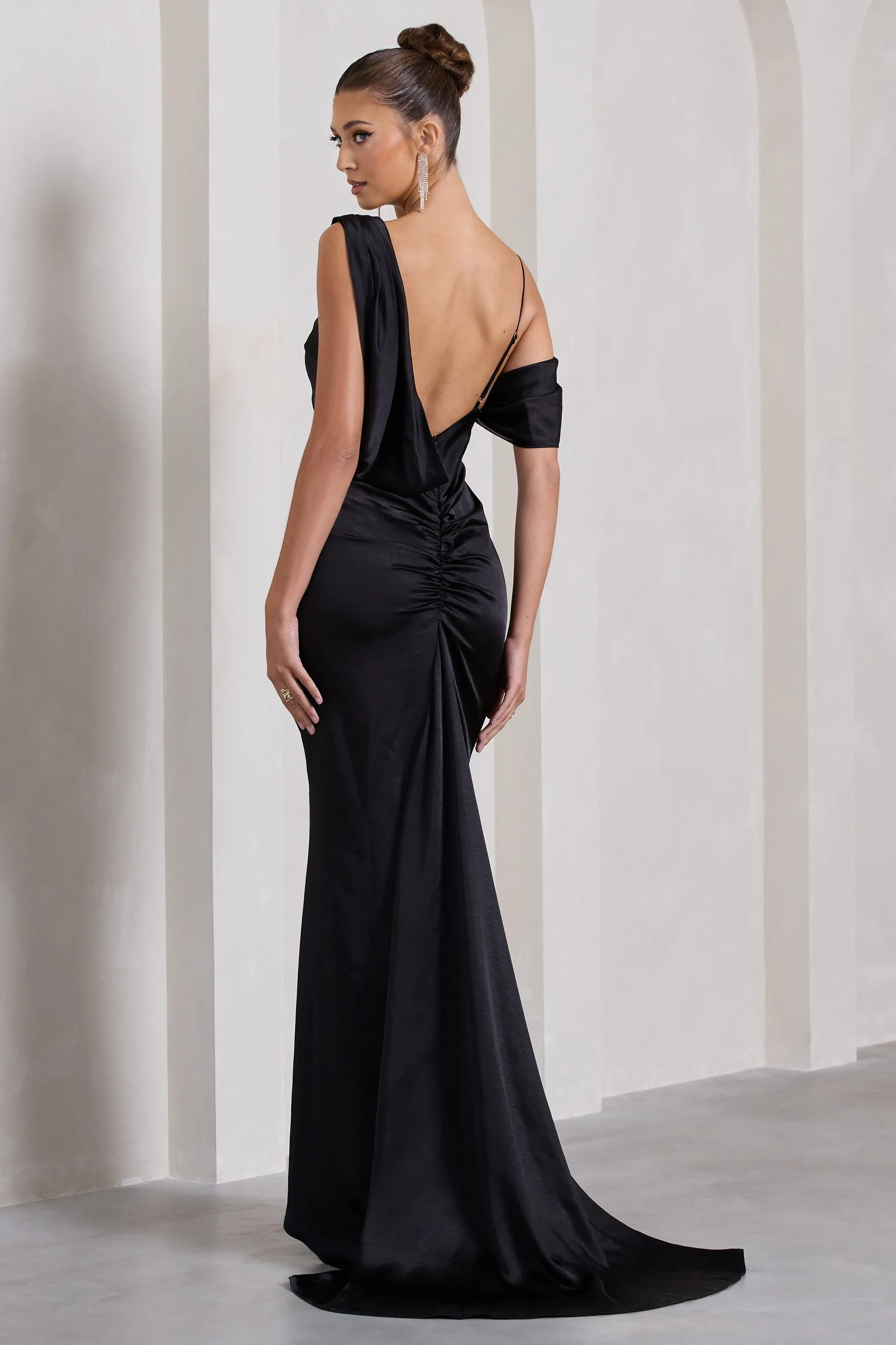 Jayne | Black Satin Asymmetric Draped Split Maxi Dress