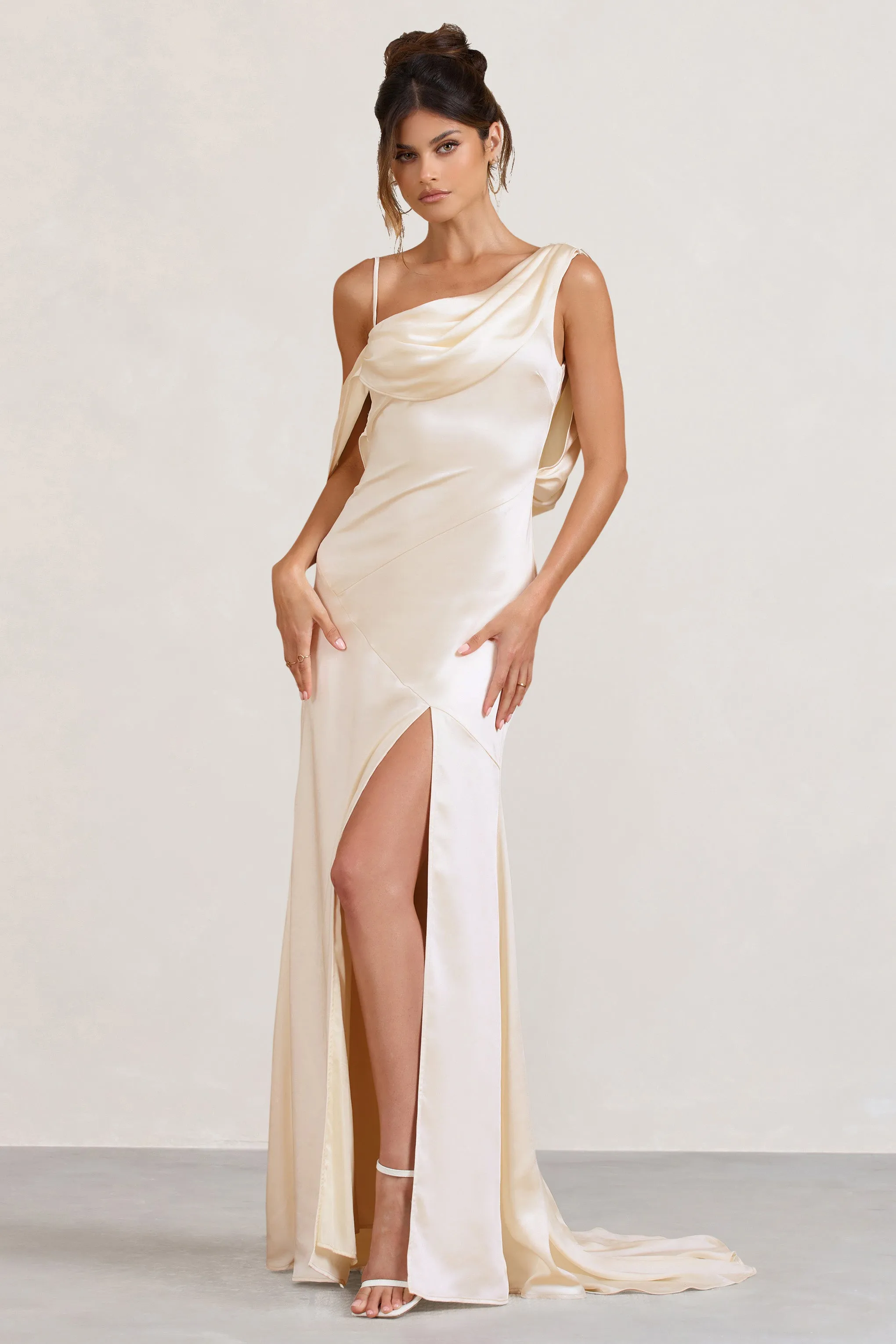 Jayne | Cream Satin Asymmetric Draped Split Maxi Dress