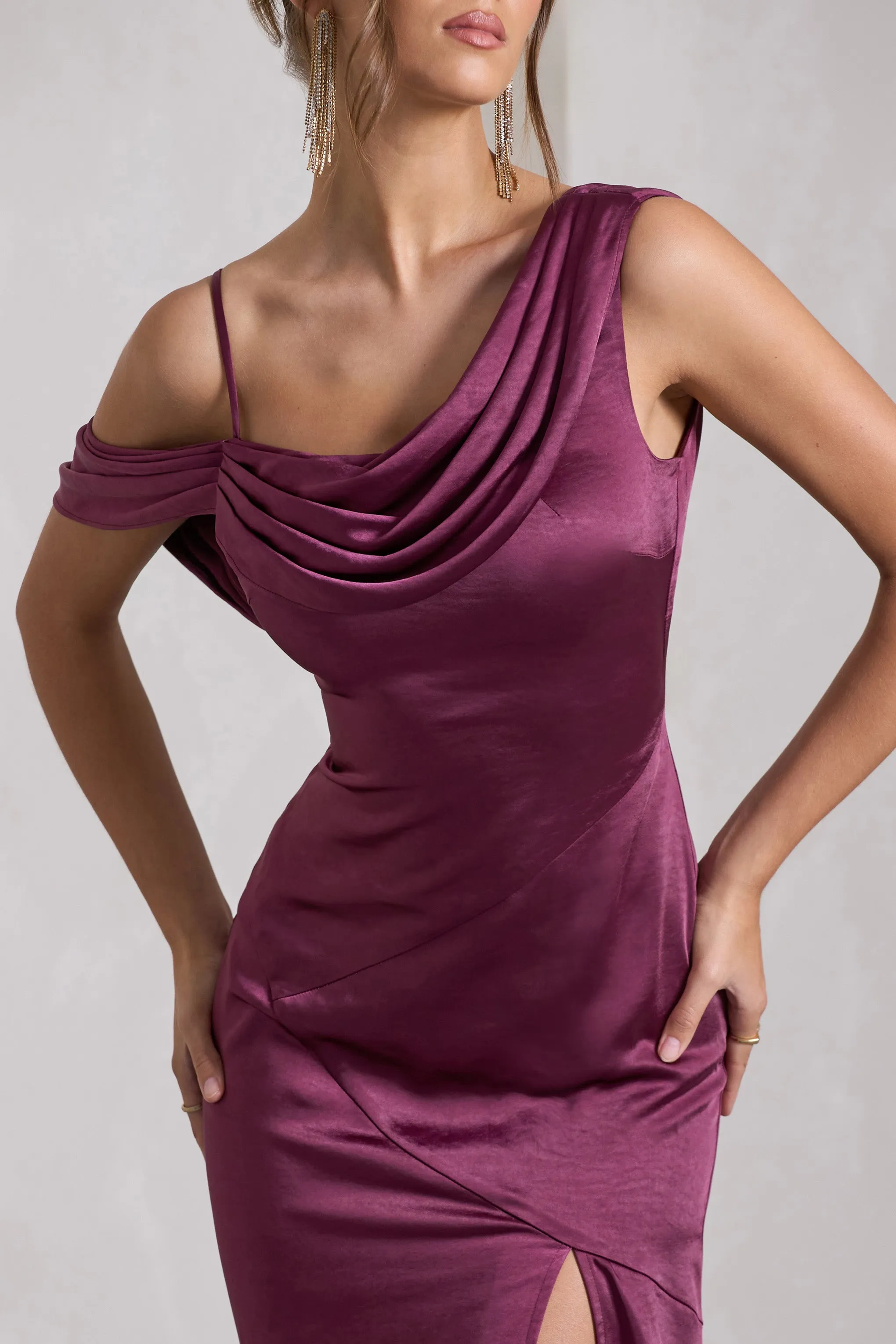 Jayne | Plum Satin Asymmetric Draped Split Maxi Dress