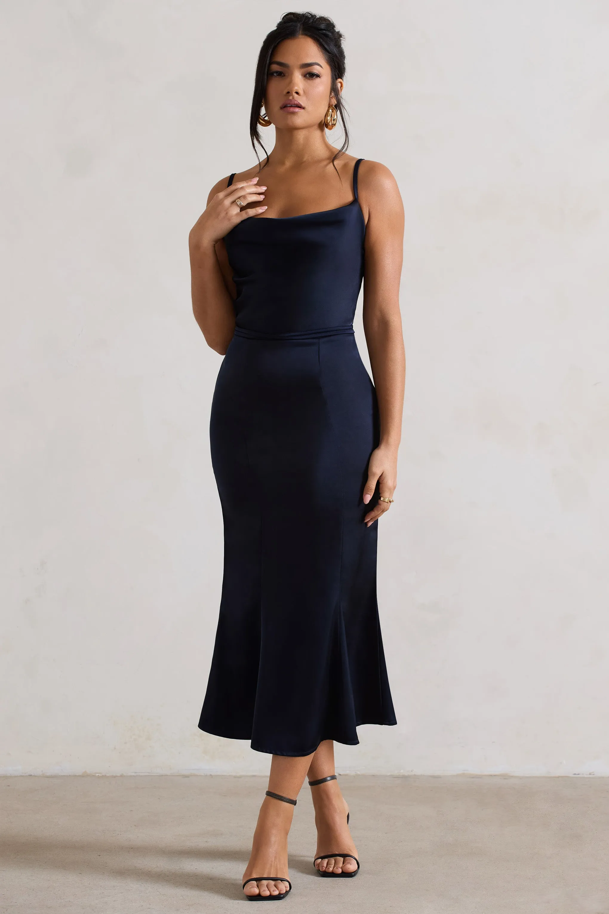 Just A Moment | Navy Satin Cowl-Neck Midi Dress With Tie Waist