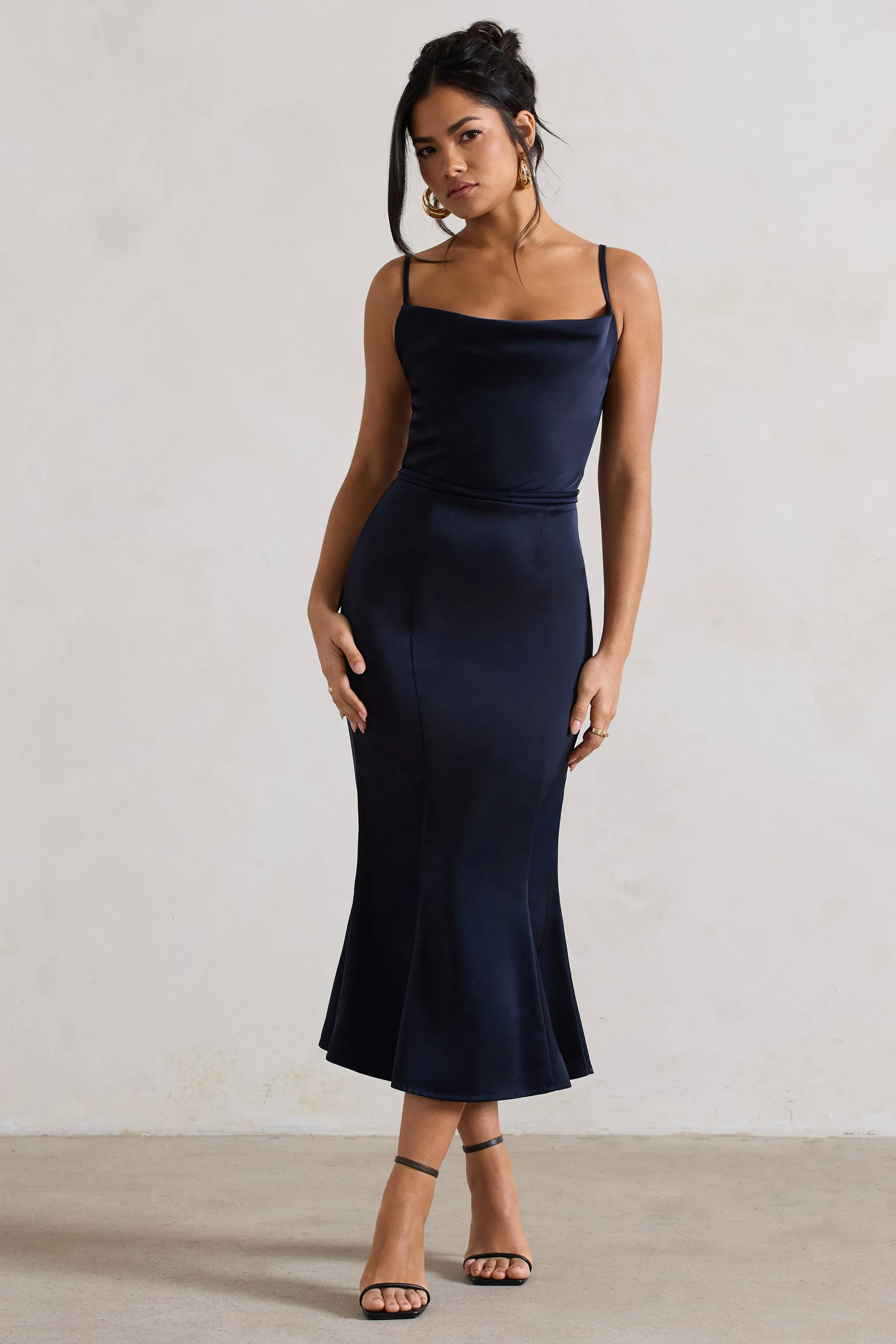 Just A Moment | Navy Satin Cowl-Neck Midi Dress With Tie Waist