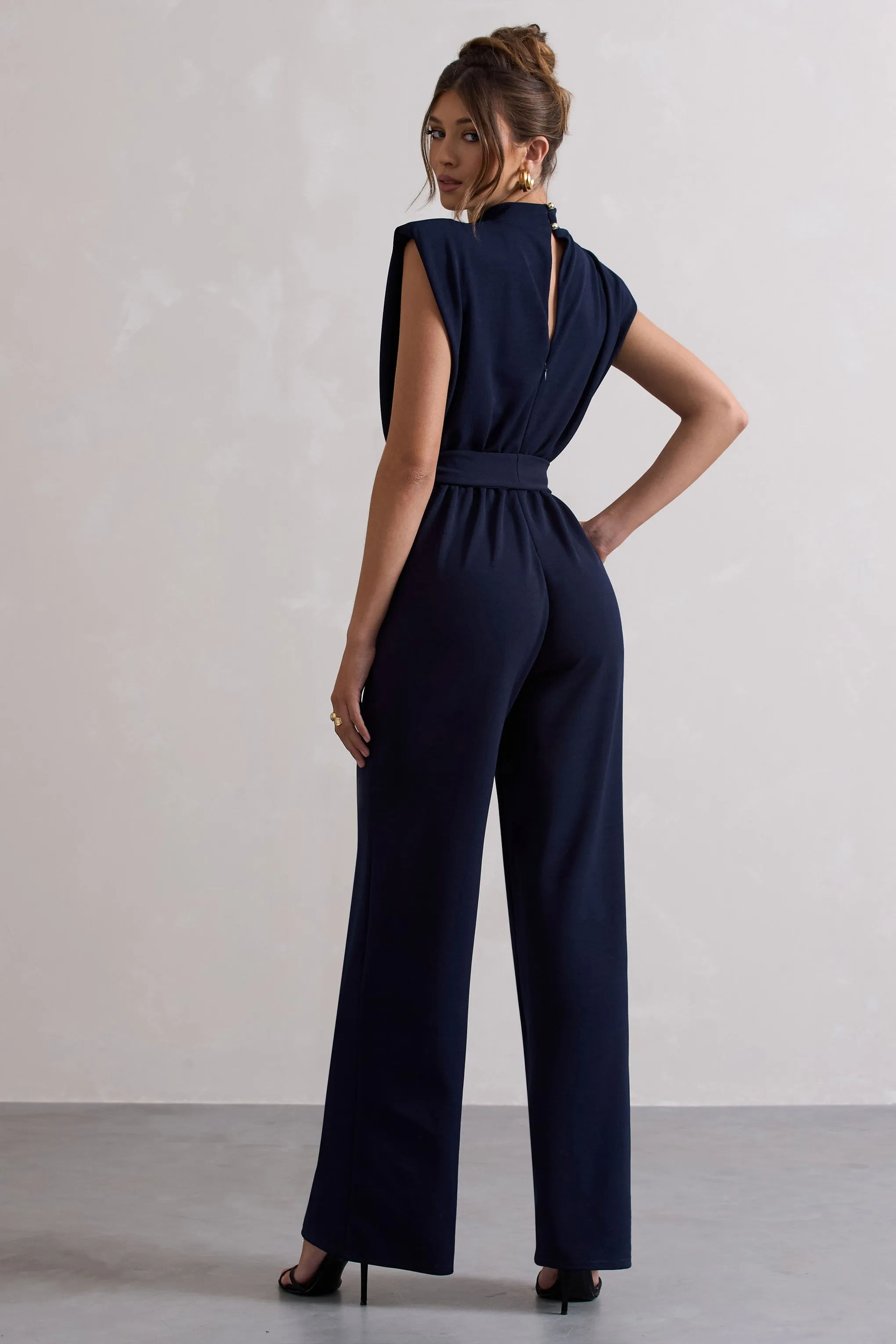 Kalona | Navy High-Neck Wide-Leg Jumpsuit With Tie Waist