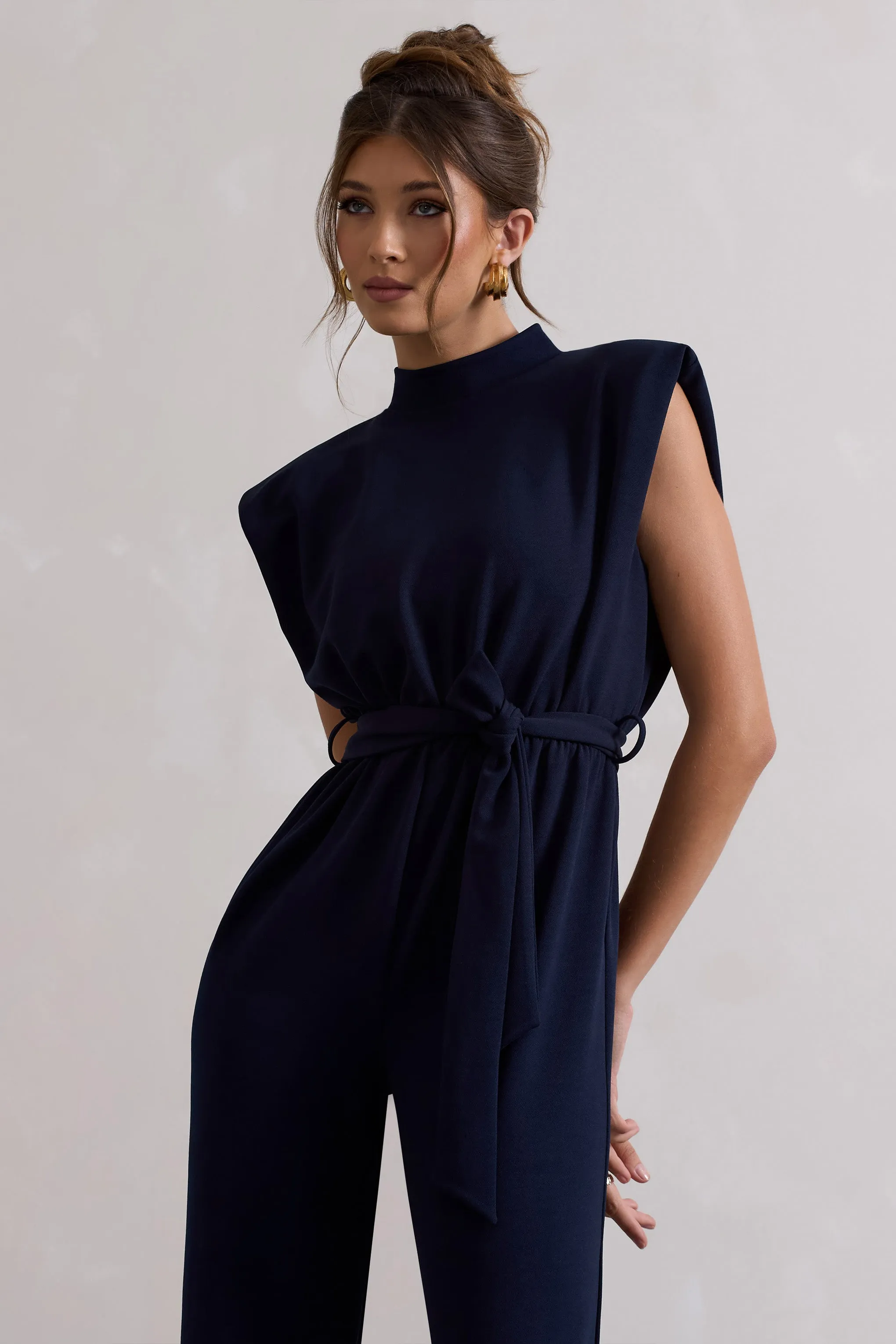 Kalona | Navy High-Neck Wide-Leg Jumpsuit With Tie Waist