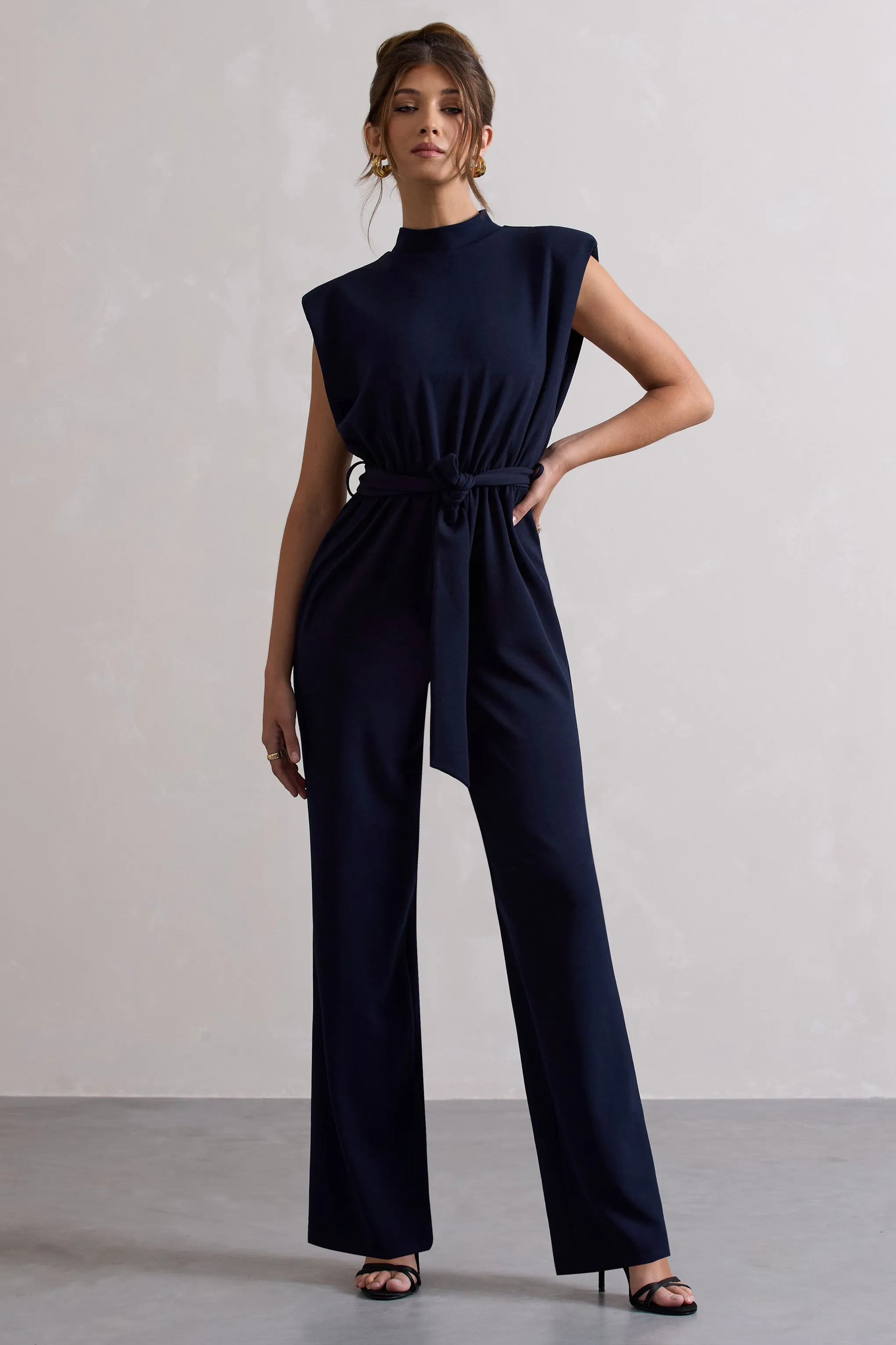 Kalona | Navy High-Neck Wide-Leg Jumpsuit With Tie Waist