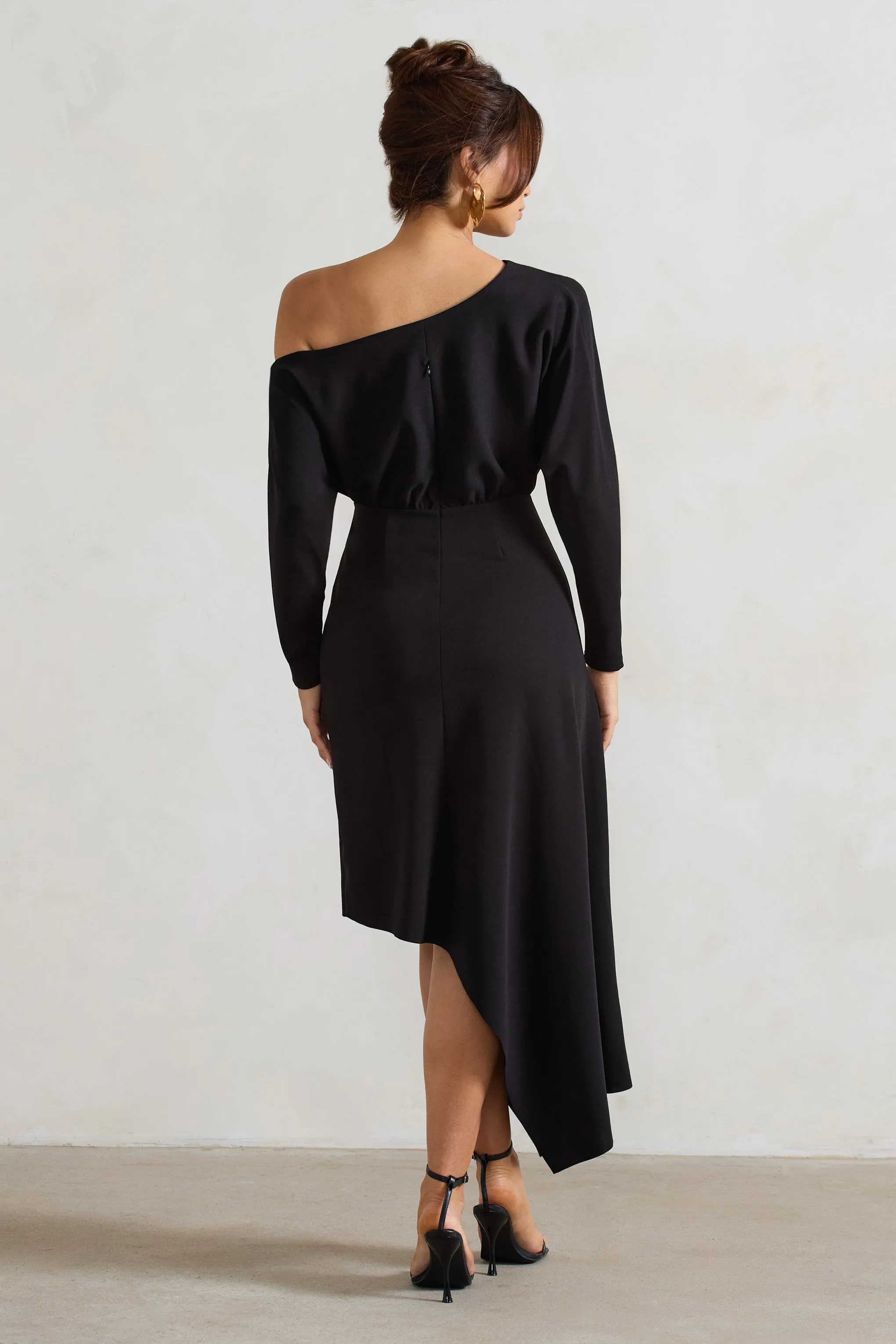 Lori | Black Asymmetric Long-Sleeve Maxi Dress