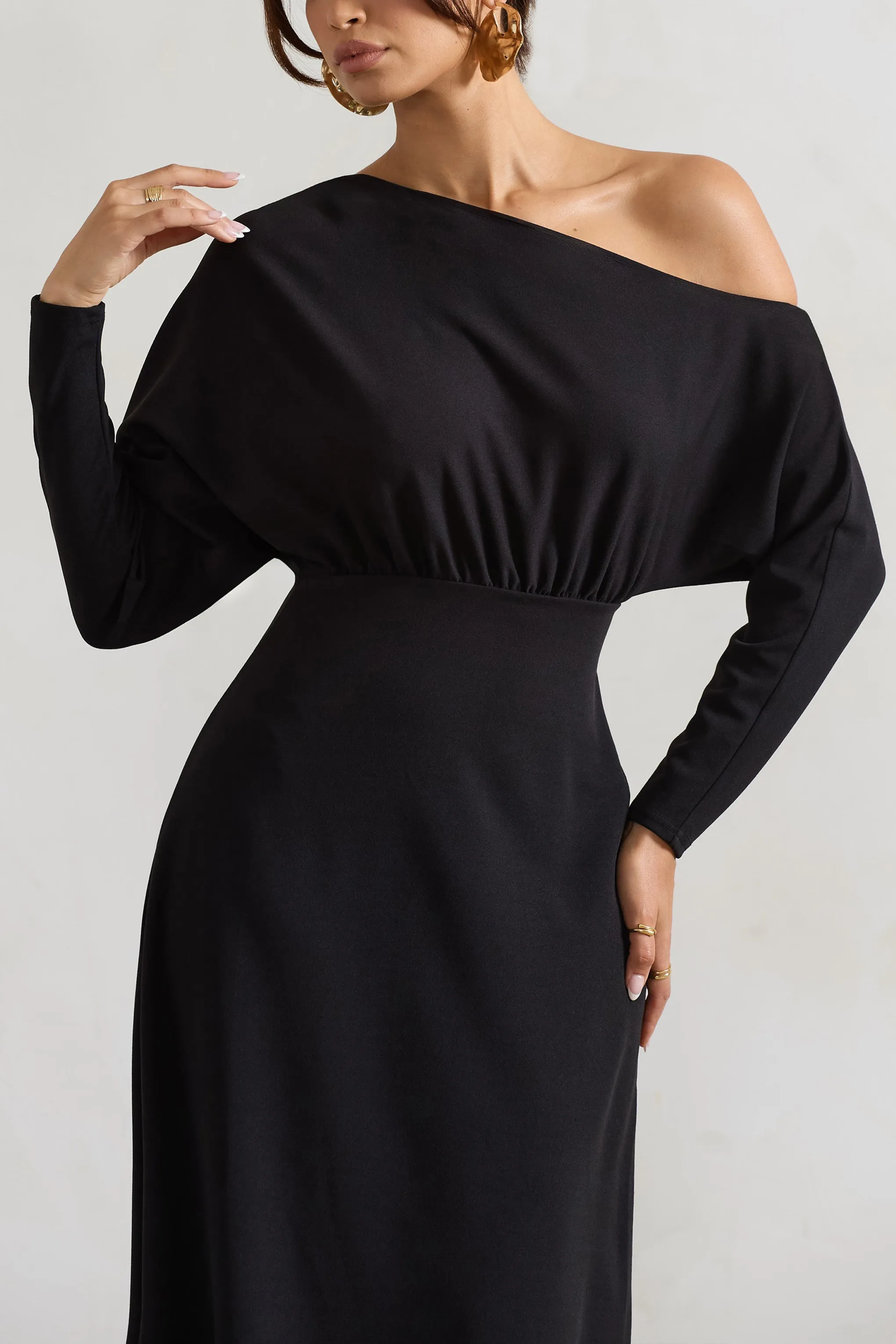 Lori | Black Asymmetric Long-Sleeve Maxi Dress