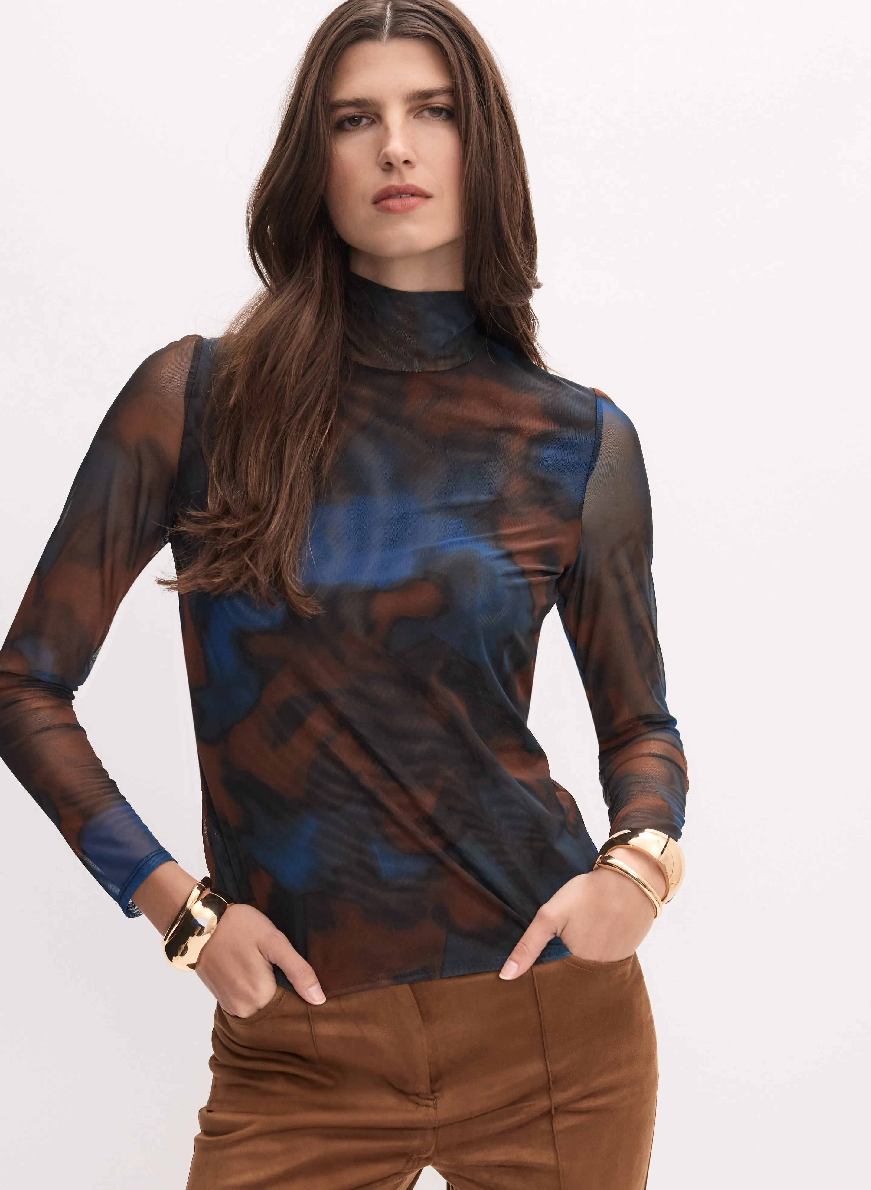 Marbled Mesh Turtleneck Top