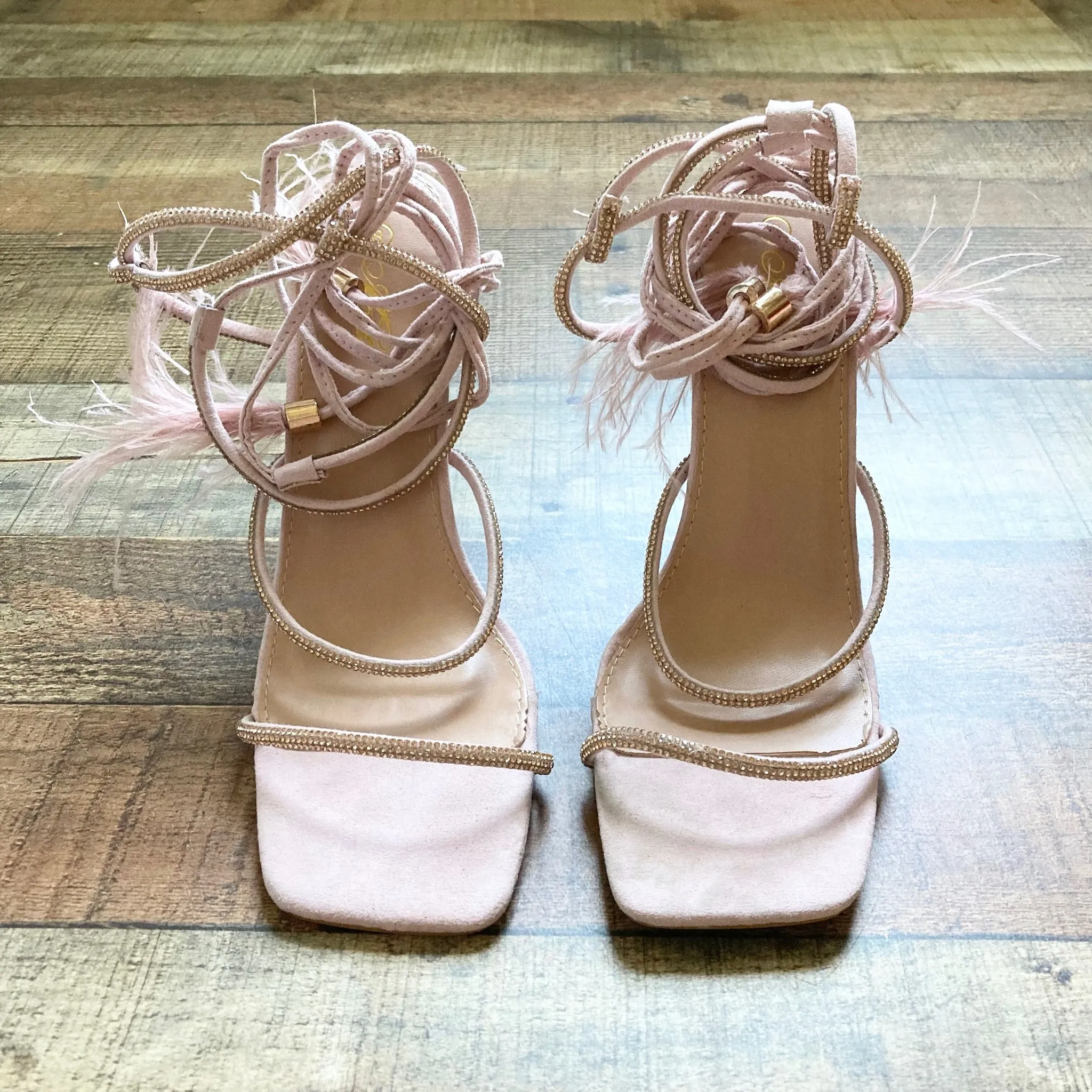 Mata Light Pink Suede Rhinestone Straps Ankle Tie with Feather Tassel Stilettos- Size 8 (Great Condition)