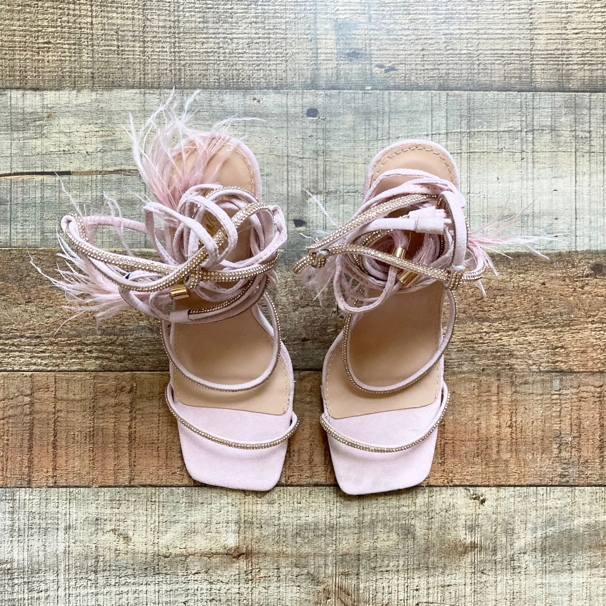 Mata Light Pink Suede Rhinestone Straps Ankle Tie with Feather Tassel Stilettos- Size 8 (Great Condition)