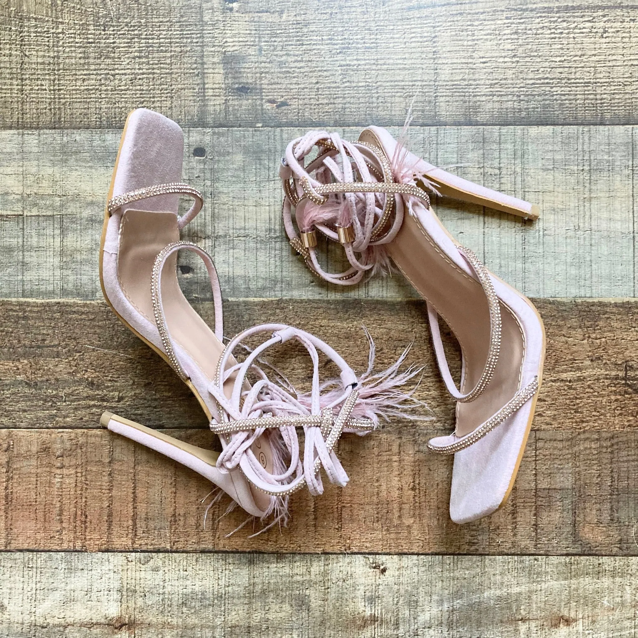 Mata Light Pink Suede Rhinestone Straps Ankle Tie with Feather Tassel Stilettos- Size 8 (Great Condition)