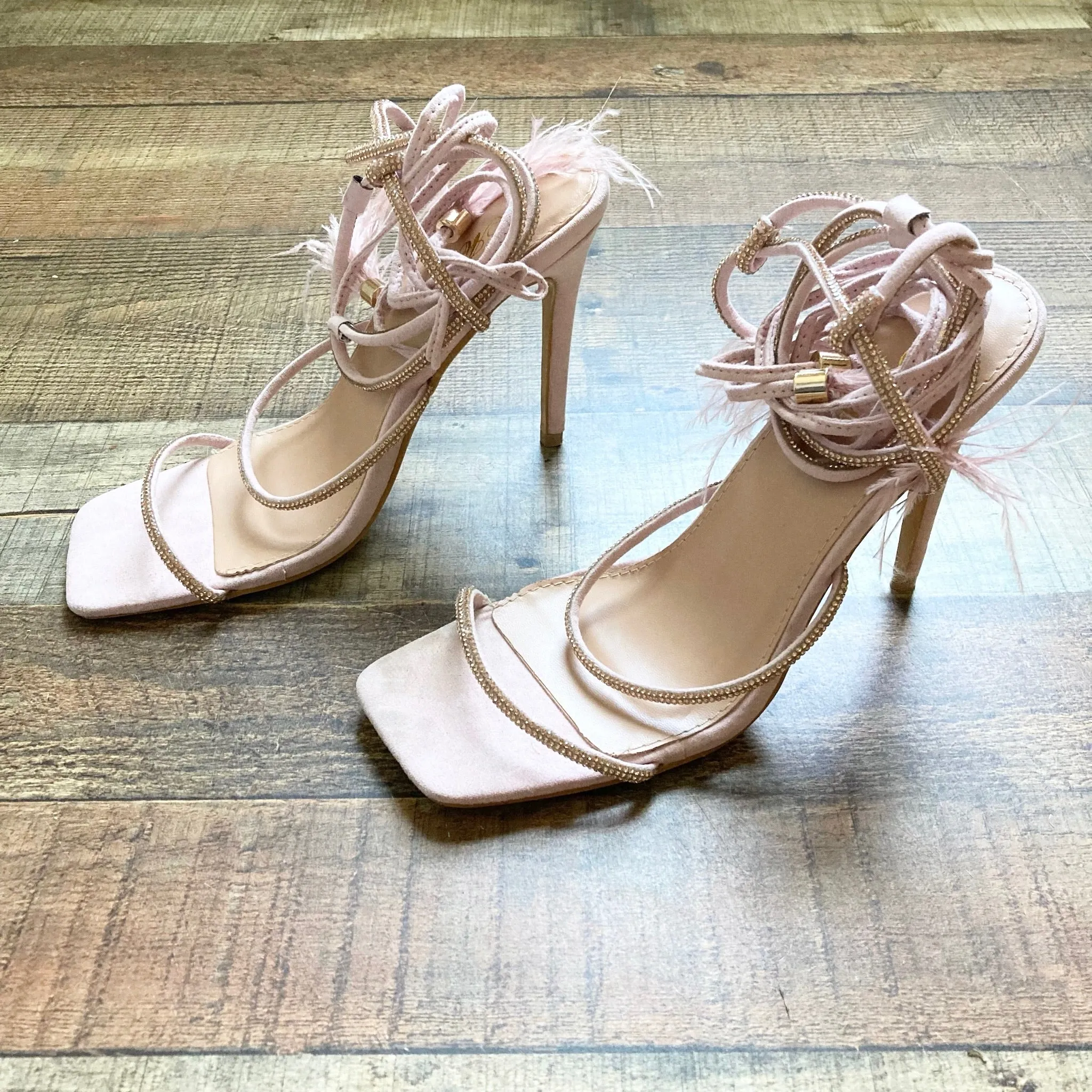 Mata Light Pink Suede Rhinestone Straps Ankle Tie with Feather Tassel Stilettos- Size 8 (Great Condition)