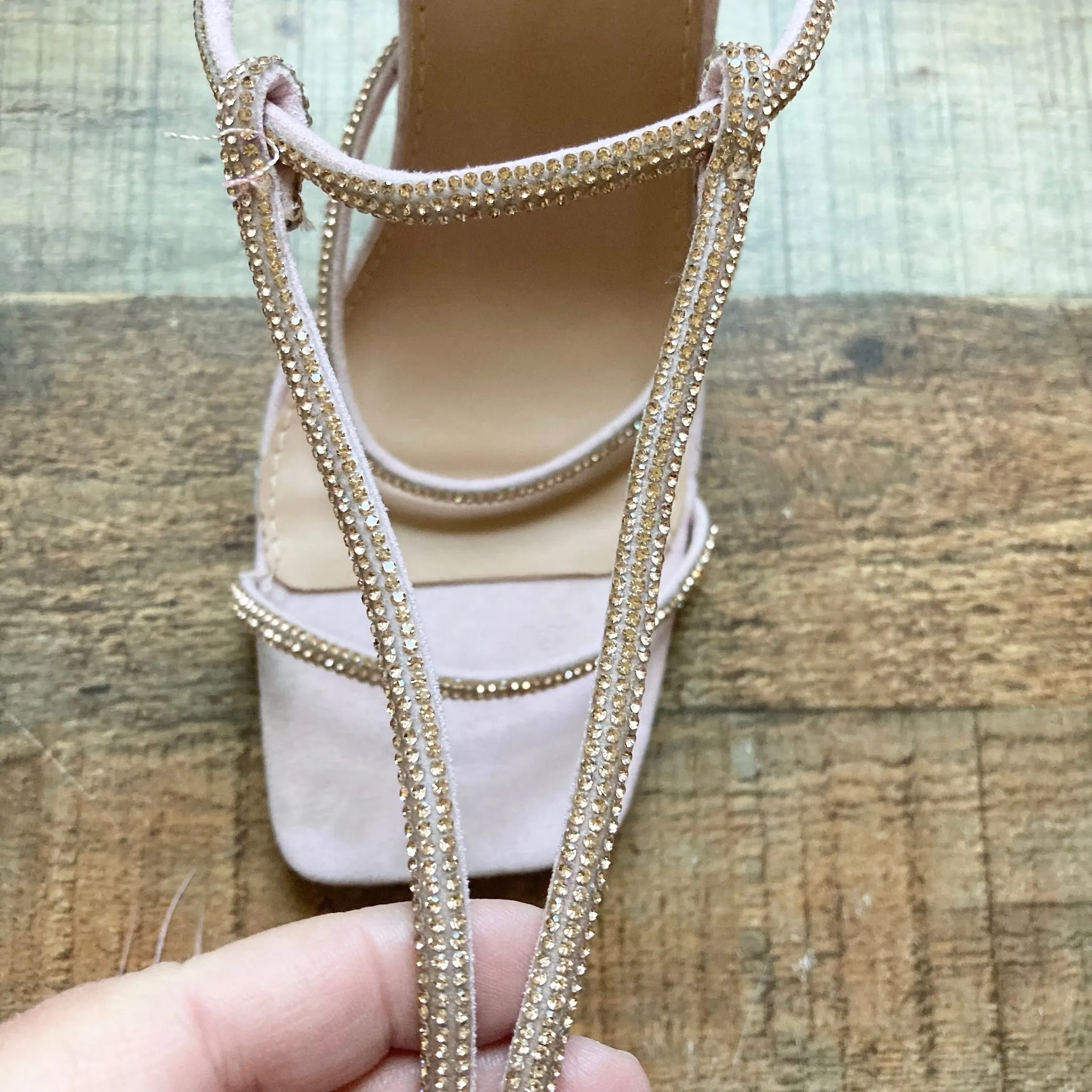 Mata Light Pink Suede Rhinestone Straps Ankle Tie with Feather Tassel Stilettos- Size 8 (Great Condition)