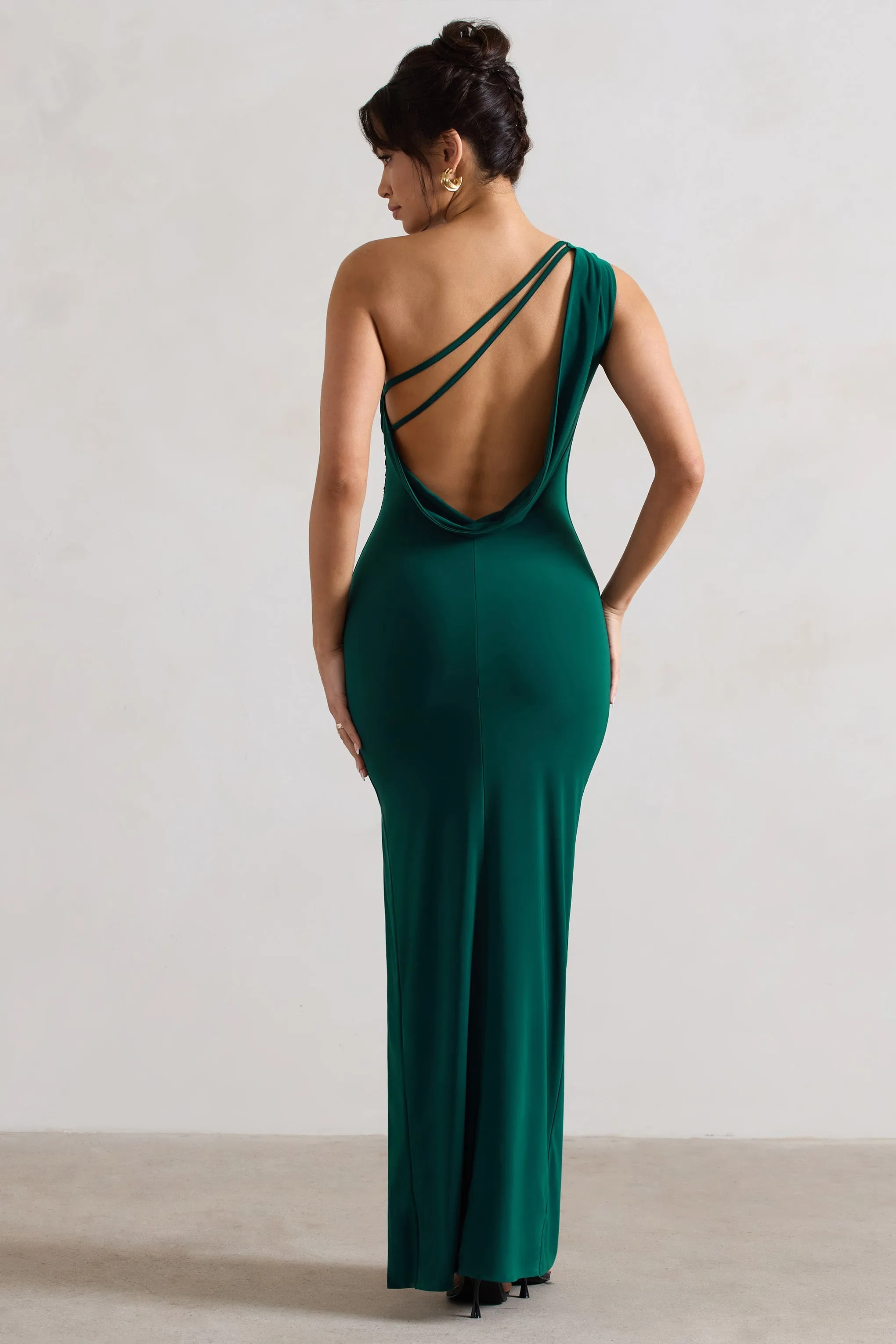 Melody | Bottle Green One Shoulder Cowl-Back Split Maxi Dress