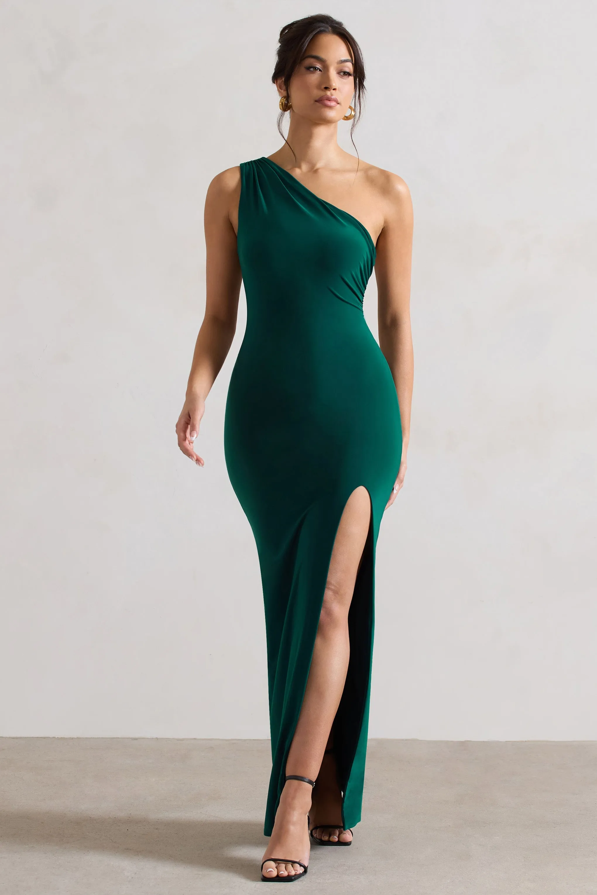 Melody | Bottle Green One Shoulder Cowl-Back Split Maxi Dress