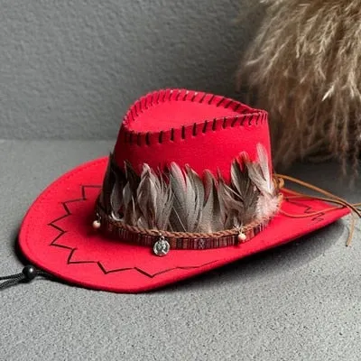 Men and Women Western Feather Decor Wide Brim Cowboy Jazz Hat