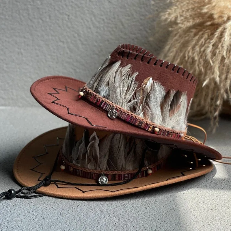 Men and Women Western Feather Decor Wide Brim Cowboy Jazz Hat