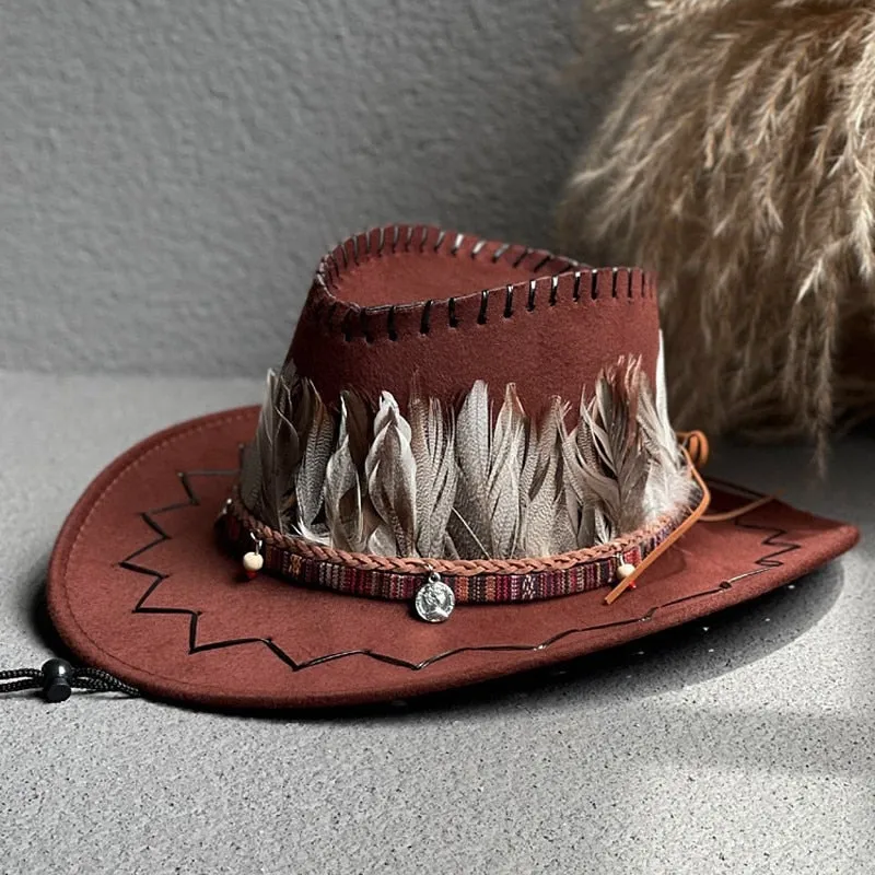 Men and Women Western Feather Decor Wide Brim Cowboy Jazz Hat