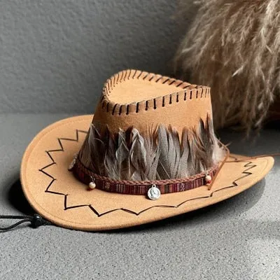 Men and Women Western Feather Decor Wide Brim Cowboy Jazz Hat