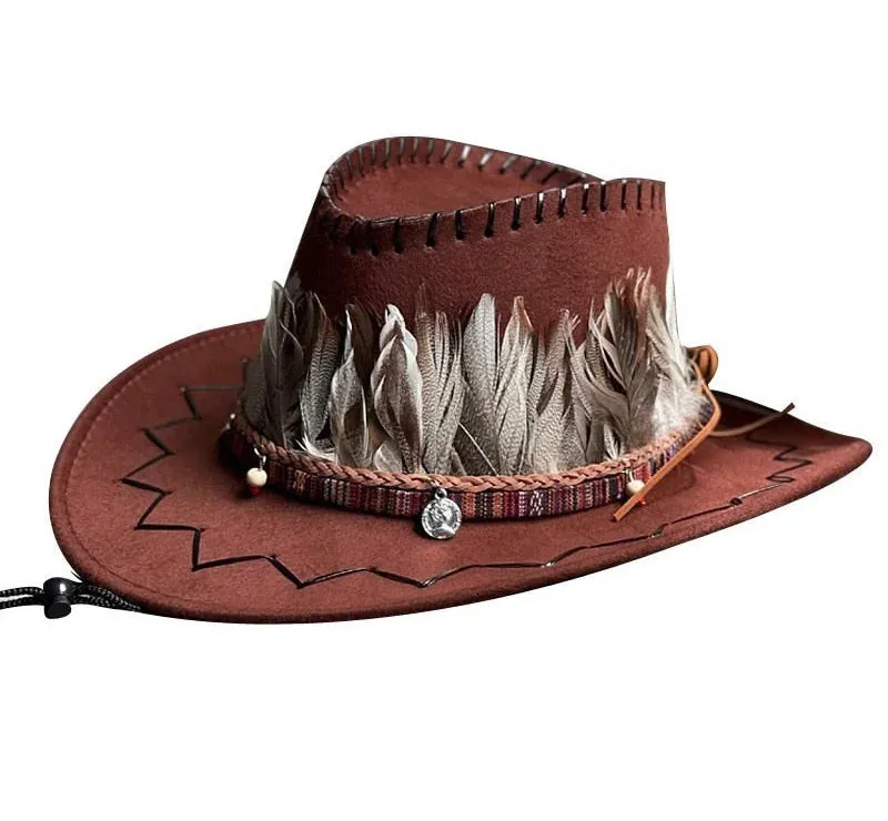 Men and Women Western Feather Decor Wide Brim Cowboy Jazz Hat