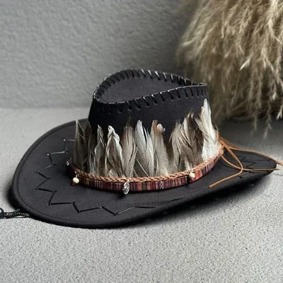 Men and Women Western Feather Decor Wide Brim Cowboy Jazz Hat