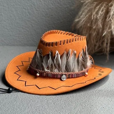 Men and Women Western Feather Decor Wide Brim Cowboy Jazz Hat