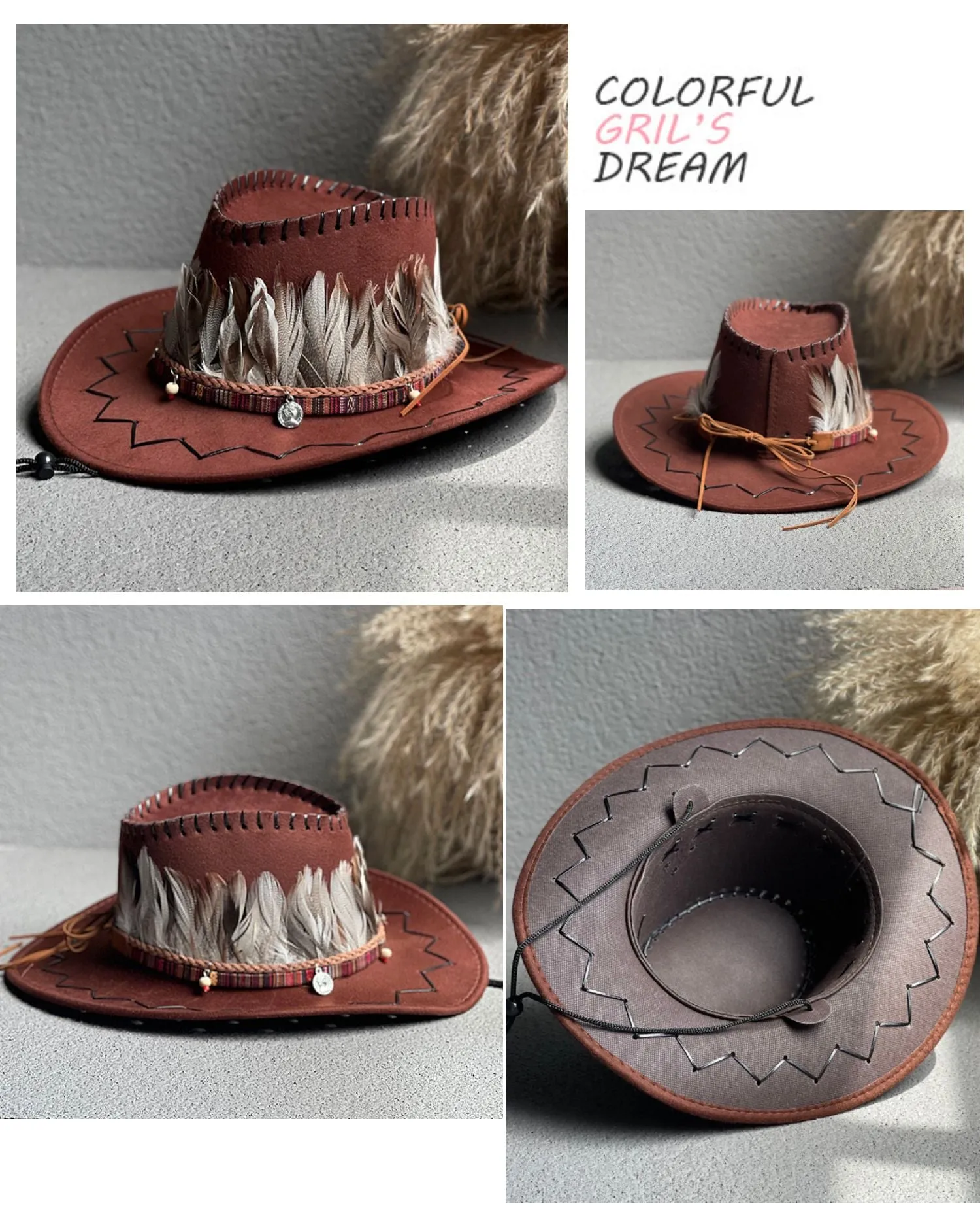 Men and Women Western Feather Decor Wide Brim Cowboy Jazz Hat