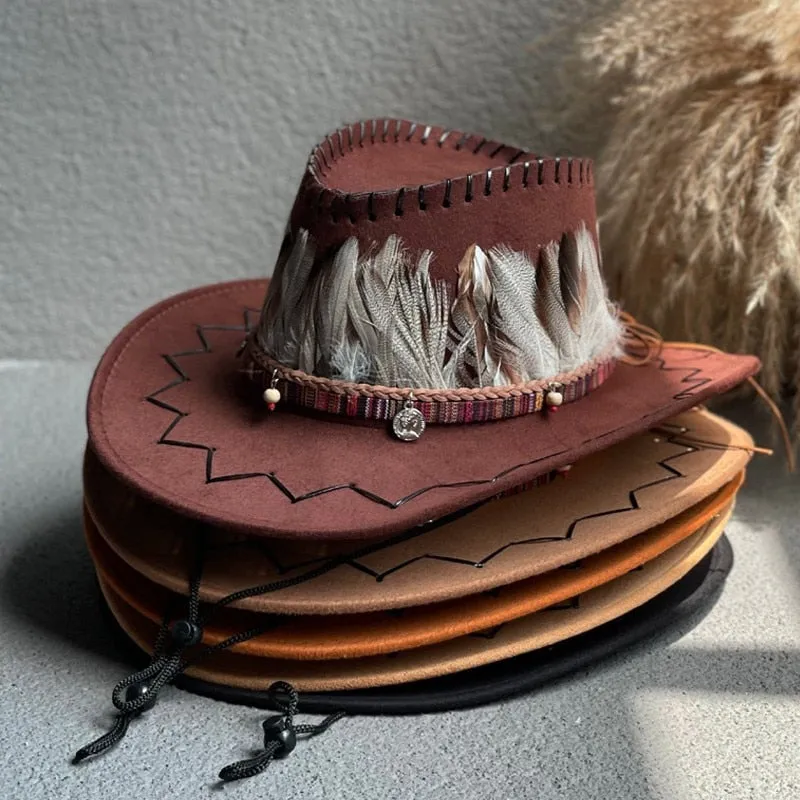 Men and Women Western Feather Decor Wide Brim Cowboy Jazz Hat