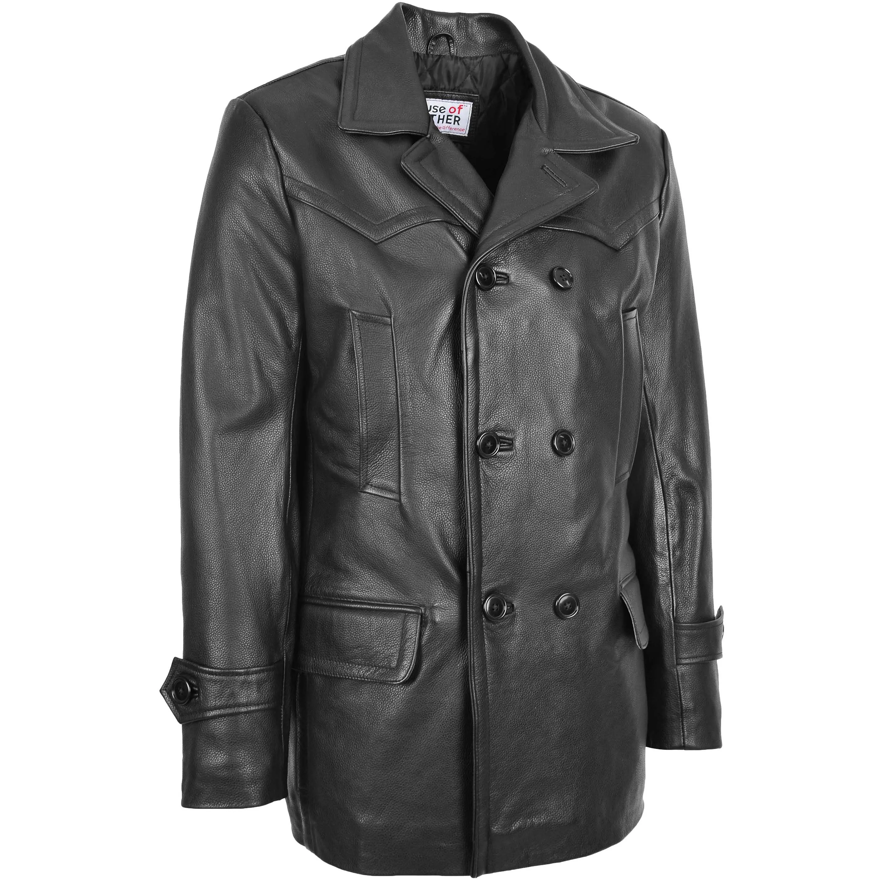 Mens Double Breasted Leather Peacoat Salcombe Black