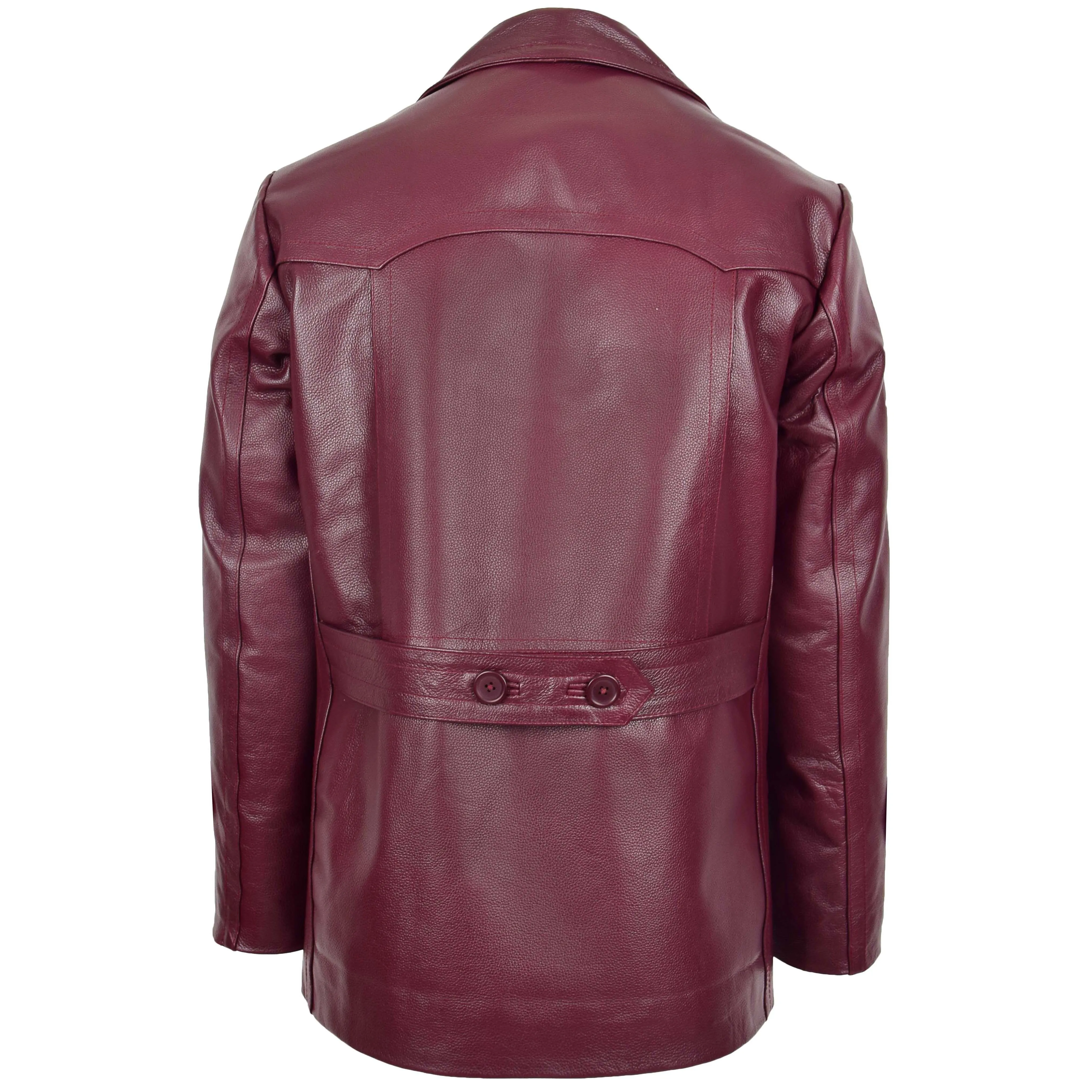 Mens Double Breasted Leather Peacoat Salcombe Burgundy