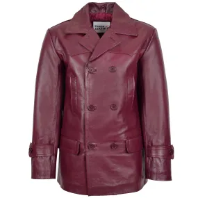 Mens Double Breasted Leather Peacoat Salcombe Burgundy