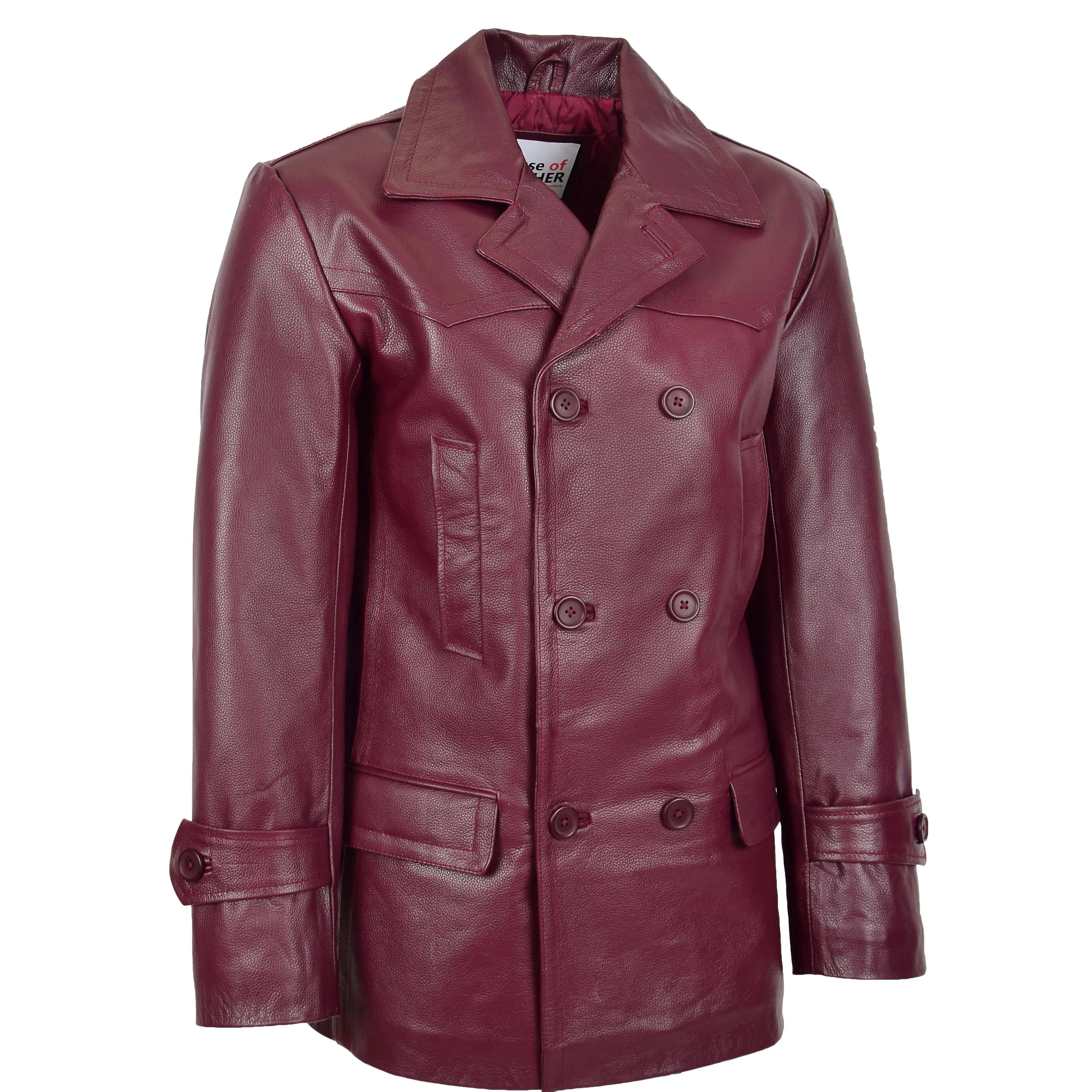 Mens Double Breasted Leather Peacoat Salcombe Burgundy